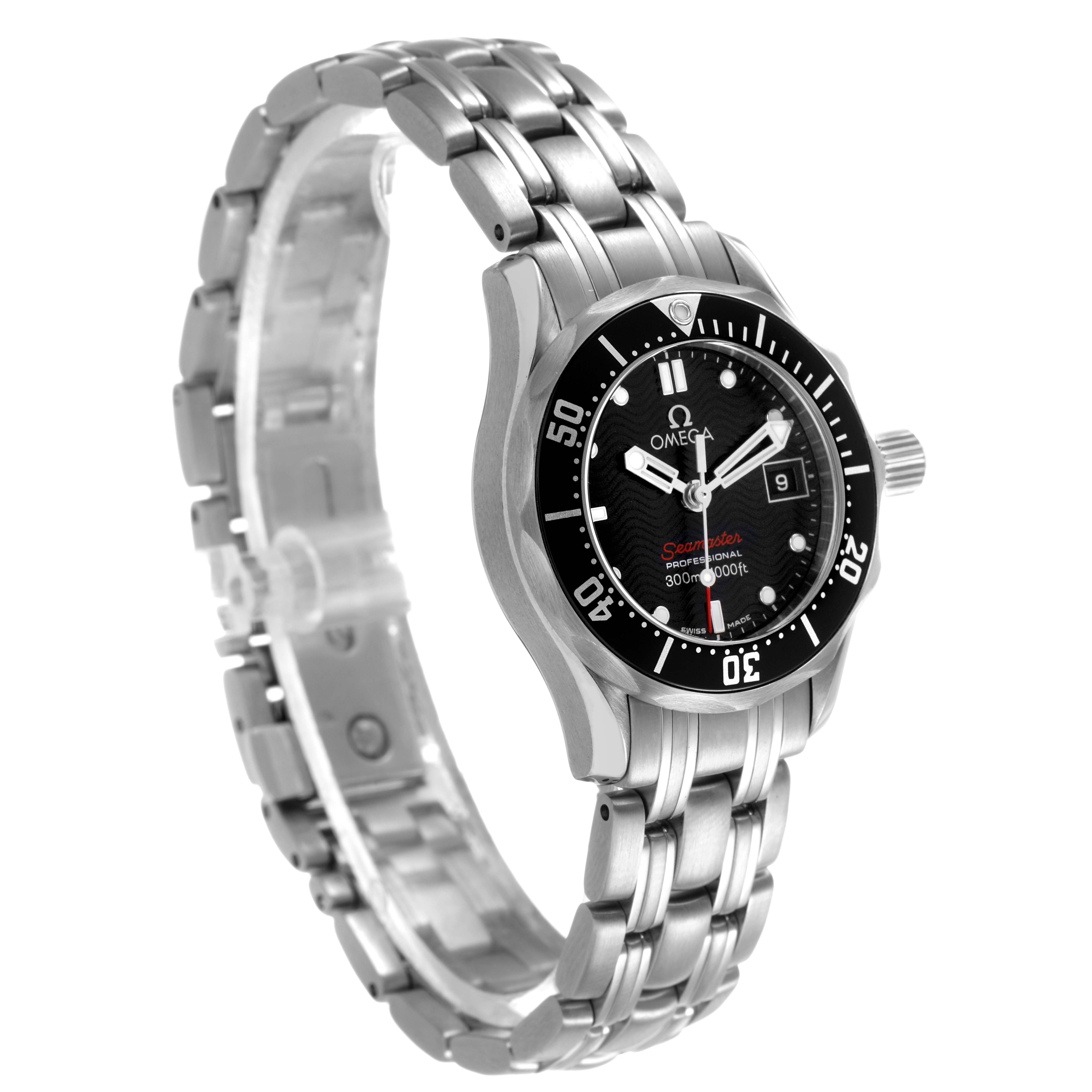 The Omega 212.30.28.61.01.001 Women's Stainless Steel Black Dial Seamaster Diver 300M 28 Steel Ladies Watch is shown at a side angle, displaying its bracelet, face, bezel, and crown.