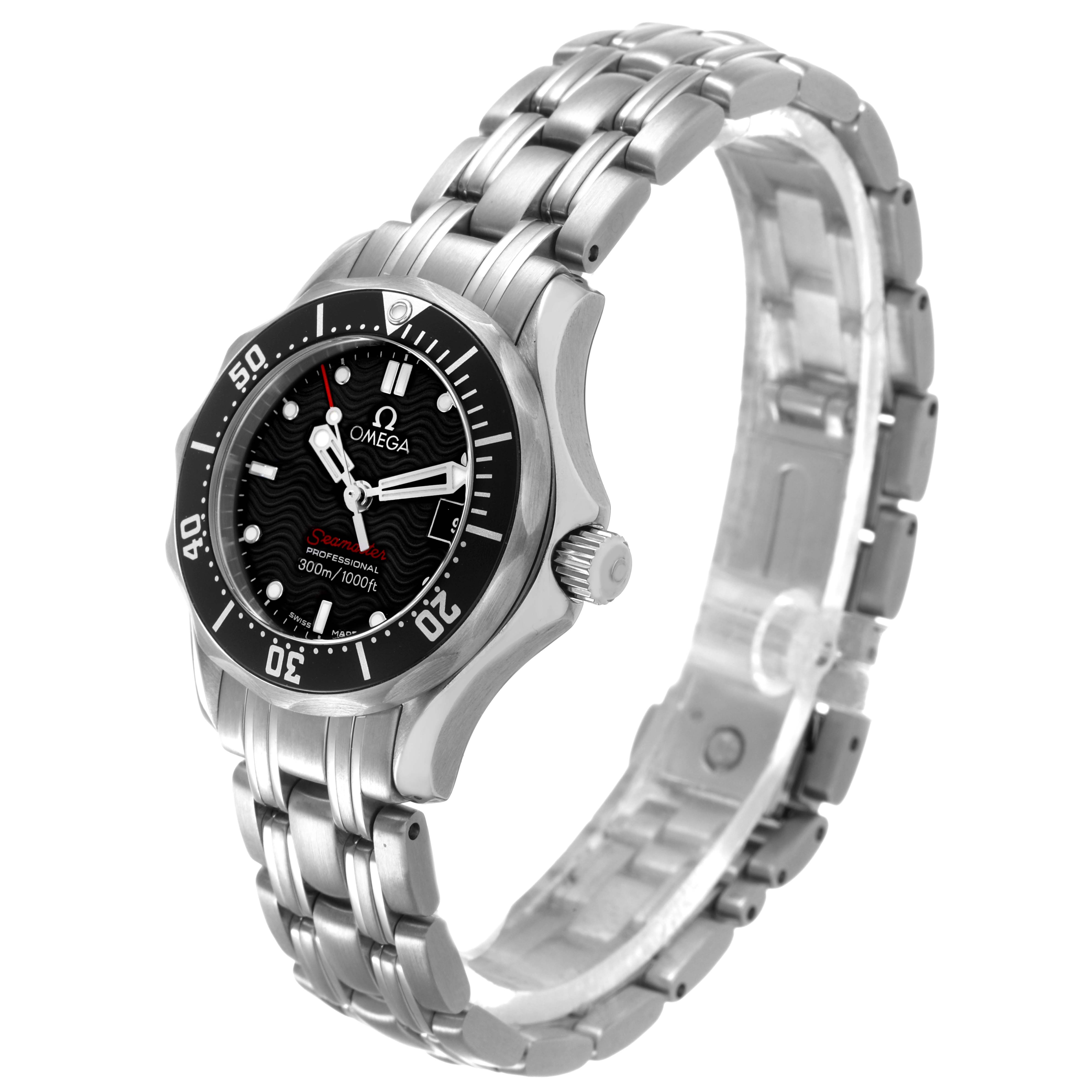 The Omega 212.30.28.61.01.001 Women's Stainless Steel Black Dial Seamaster Diver 300M 28 Steel Ladies Watch is shown at a three-quarter angle, highlighting the face, bezel, and bracelet.