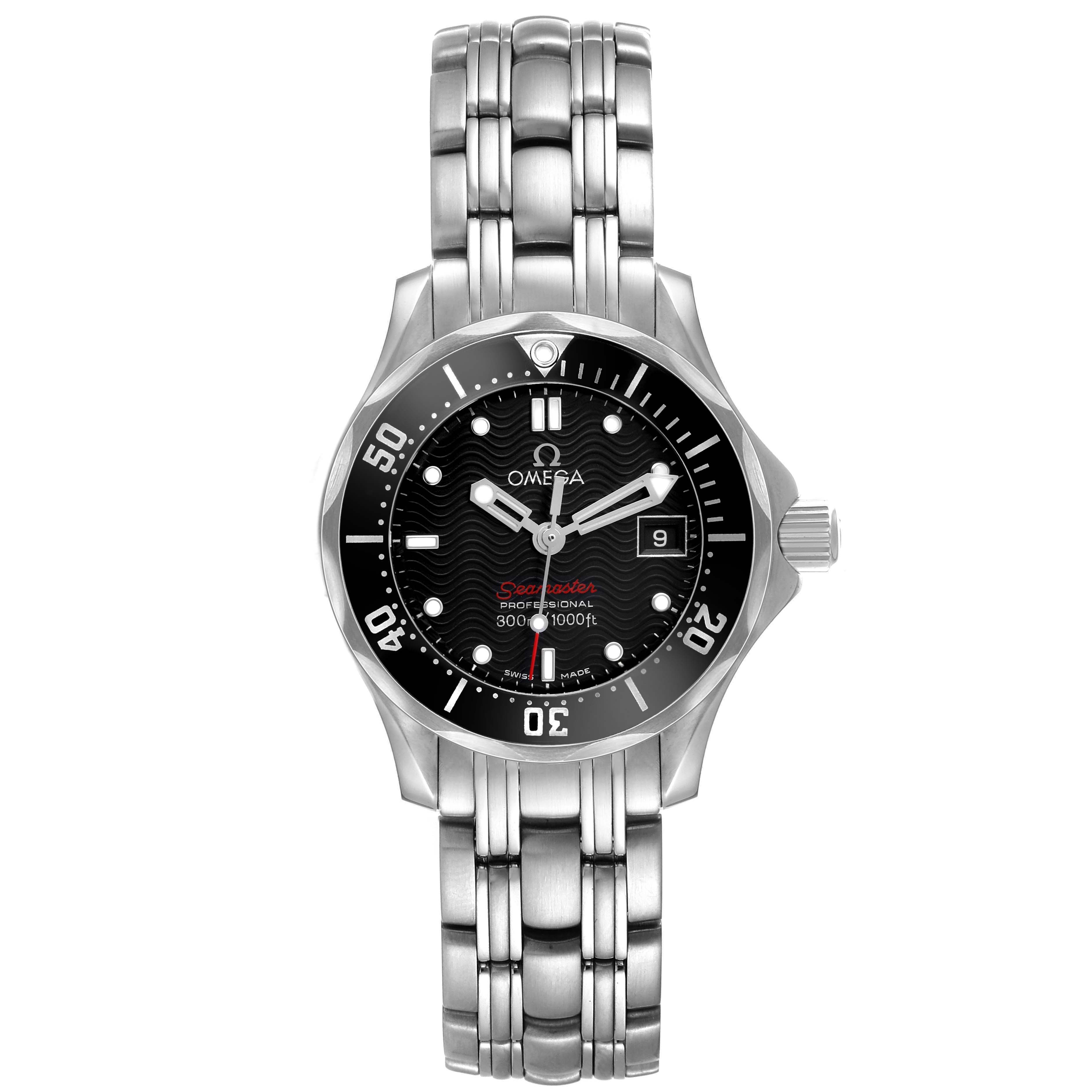 The Omega 212.30.28.61.01.001 Women's Stainless Steel Black Dial Seamaster Diver 300M 28 Steel Ladies Watch is shown from a front view, highlighting its dial, bezel, and bracelet.