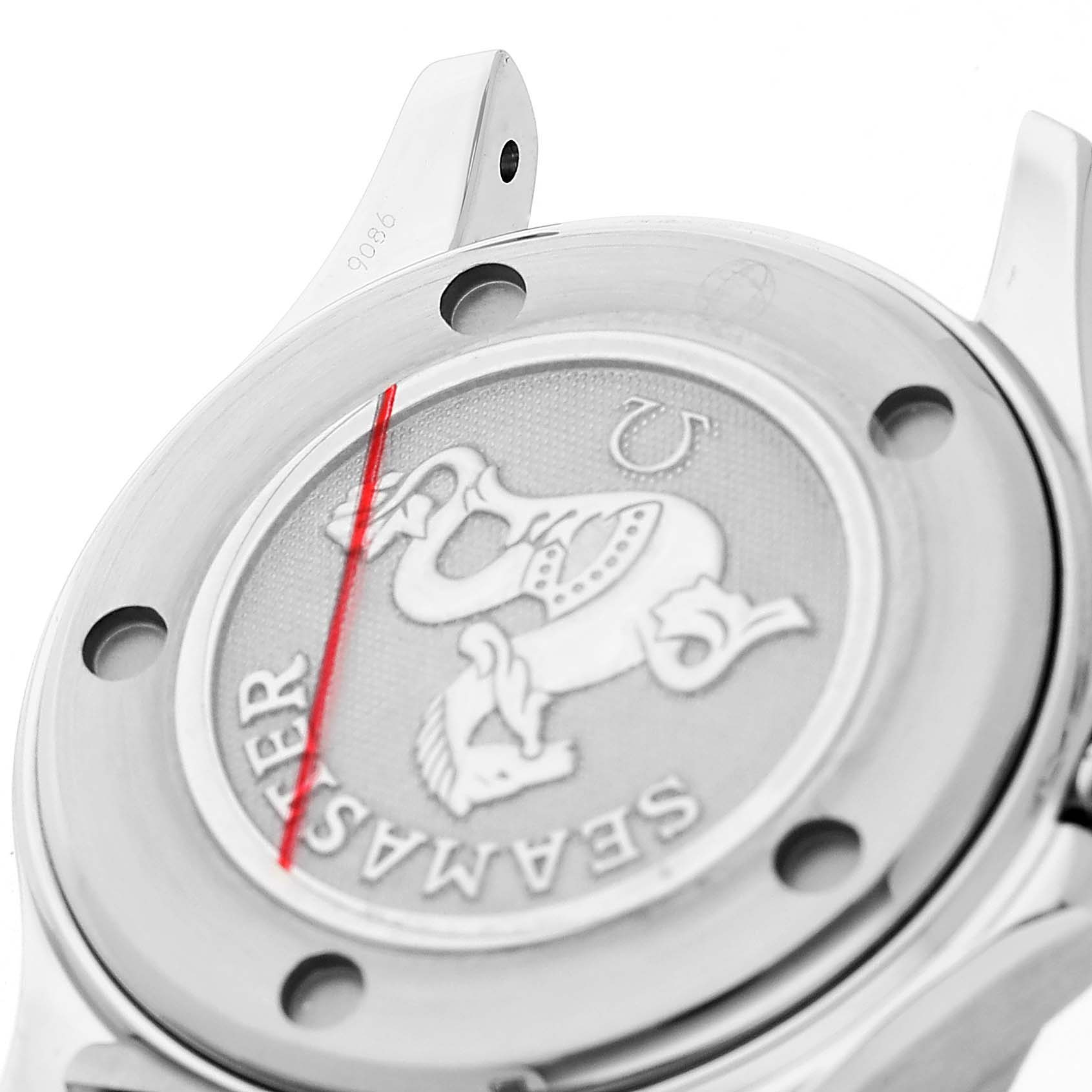 The image shows the case back of the Omega 212.30.28.61.01.001 Women's Stainless Steel Black Dial Seamaster Diver 300M 28 Steel Ladies Watch, featuring its engraved design.