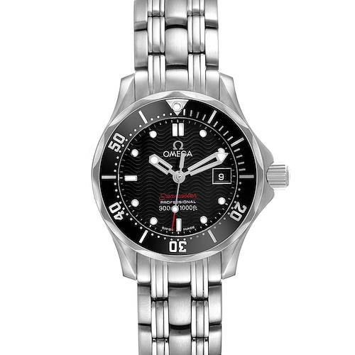 The Omega 212.30.28.61.01.001 Women's Stainless Steel Black Dial Seamaster Diver 300M 28 Steel Ladies Watch is shown from a front angle, highlighting the dial, bezel, and bracelet.