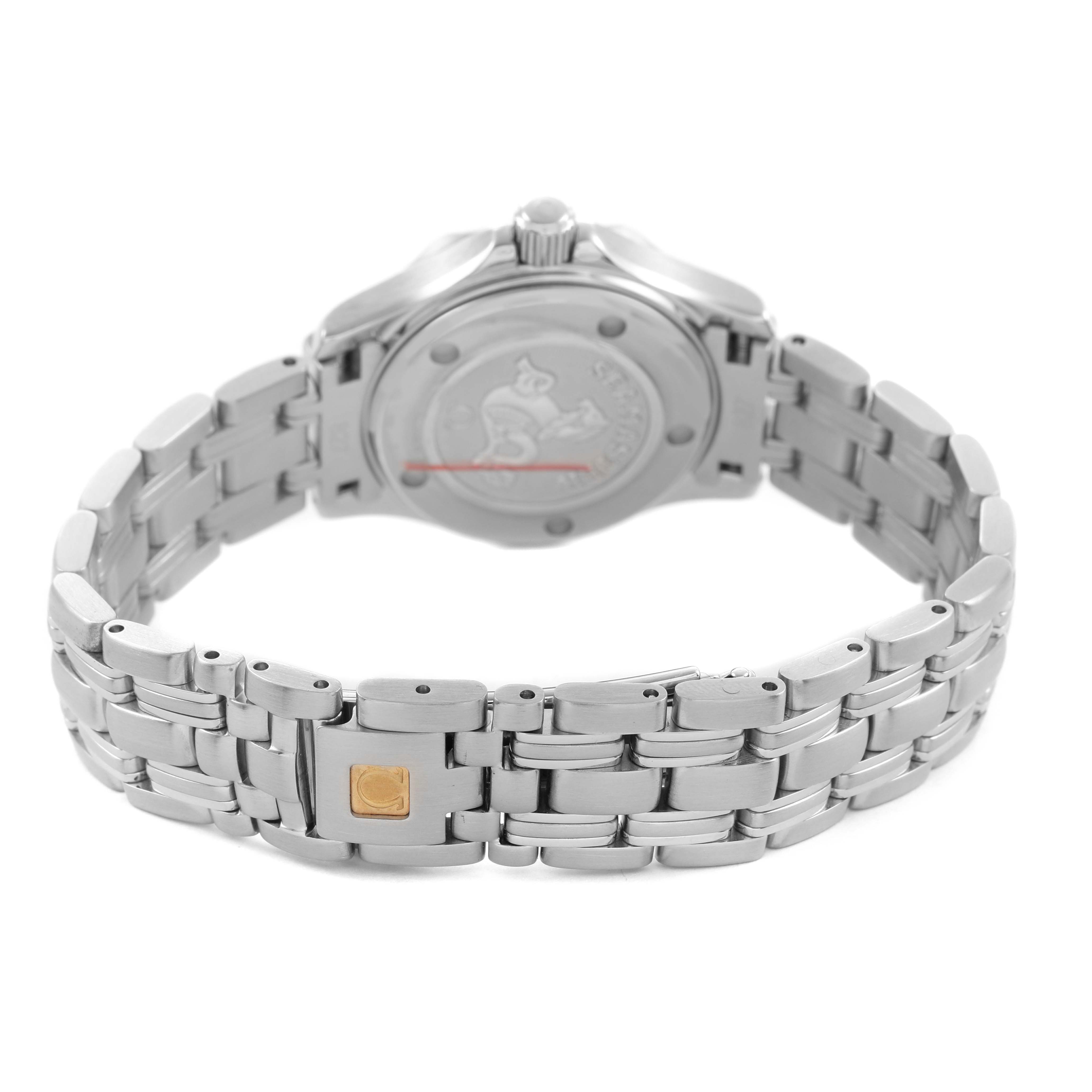 The image shows the back view of the Omega 212.30.28.61.01.001 Women's Stainless Steel Black Dial Seamaster Diver 300M 28 Steel Ladies Watch, highlighting its clasp and bracelet.