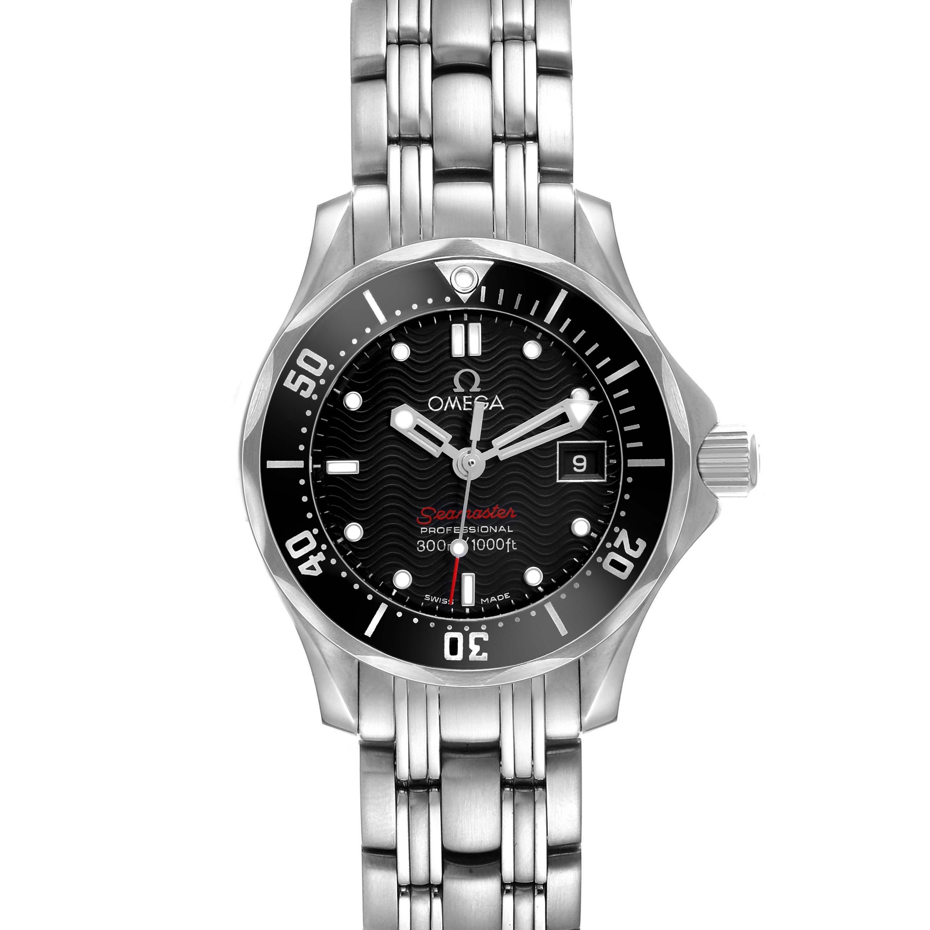 The Seamaster Diver 300M by Omega 212.30.28.61.01.001 Women's Stainless Steel Black Dial is shown from the front, displaying the bezel, dial, bracelet, and crown.