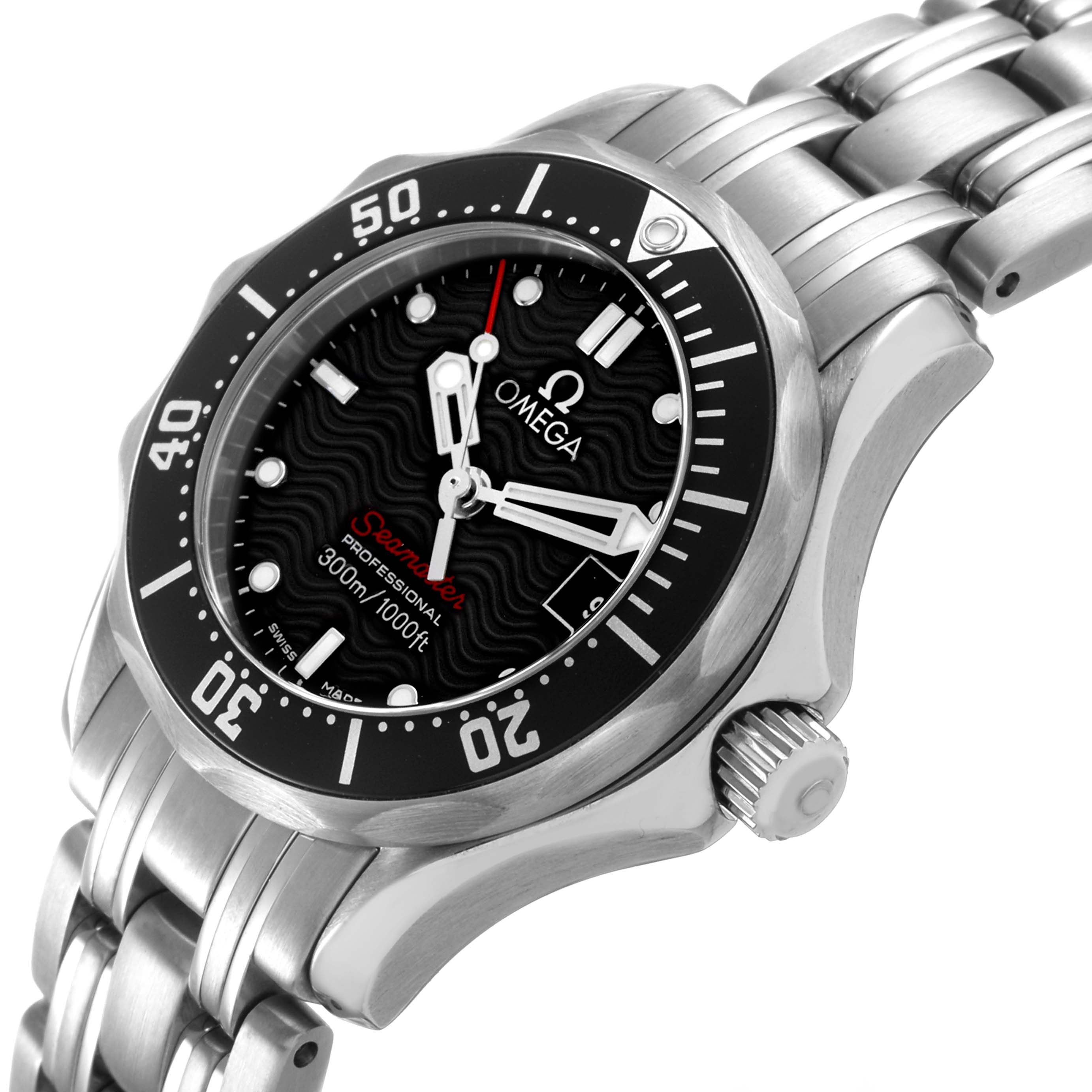 The Omega 212.30.28.61.01.001 Women's Stainless Steel Black Dial Seamaster Diver 300M 28 is shown at a slight angle highlighting the bezel, face, and part of the bracelet.