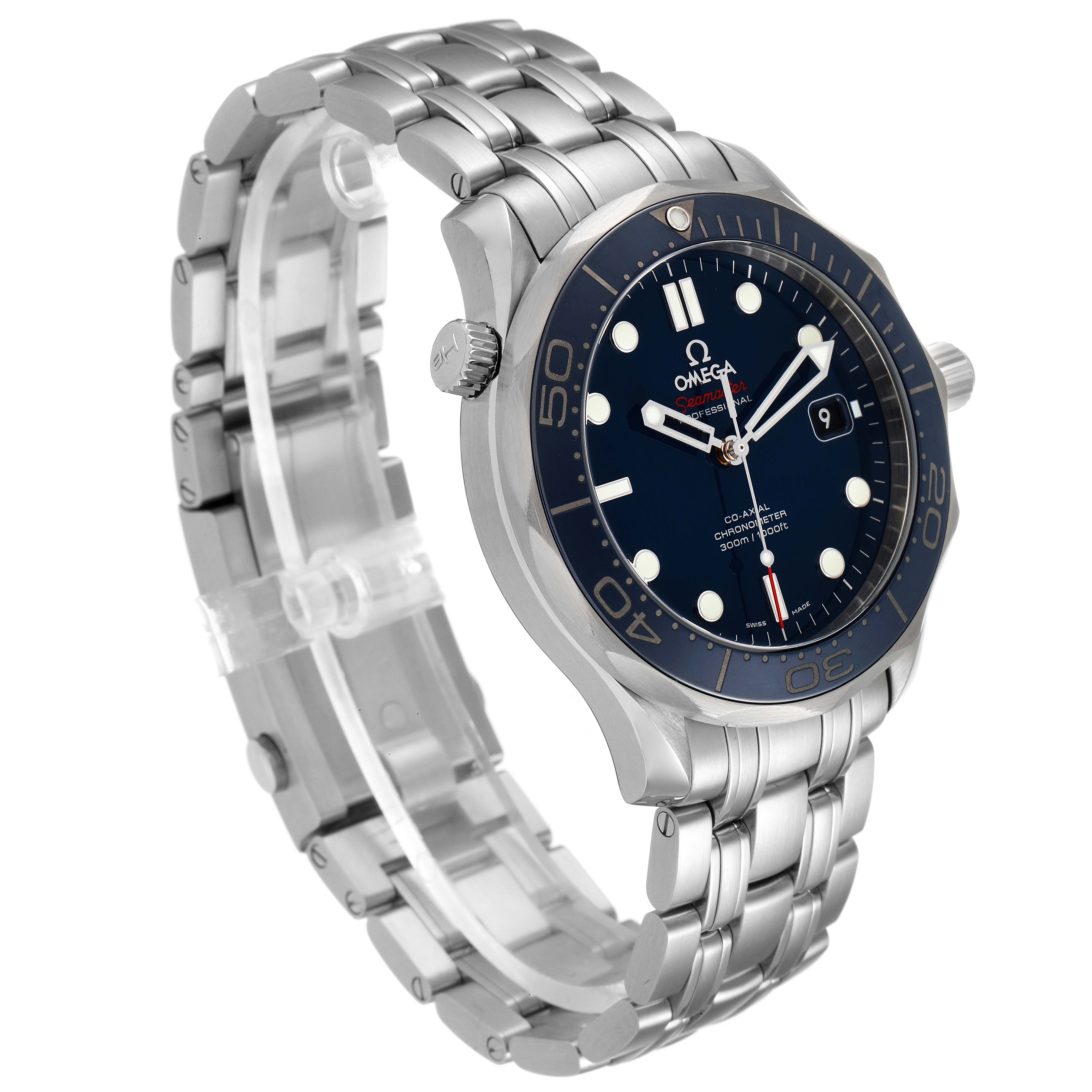 This image shows a side angle view of the Omega Seamaster 212.30.41.20.03.001 Men's Stainless Steel Blue Dial 212.30.41.20.03.001 Men's Stainless Steel Blue Dial watch, highlighting the face, bezel, and bracelet.