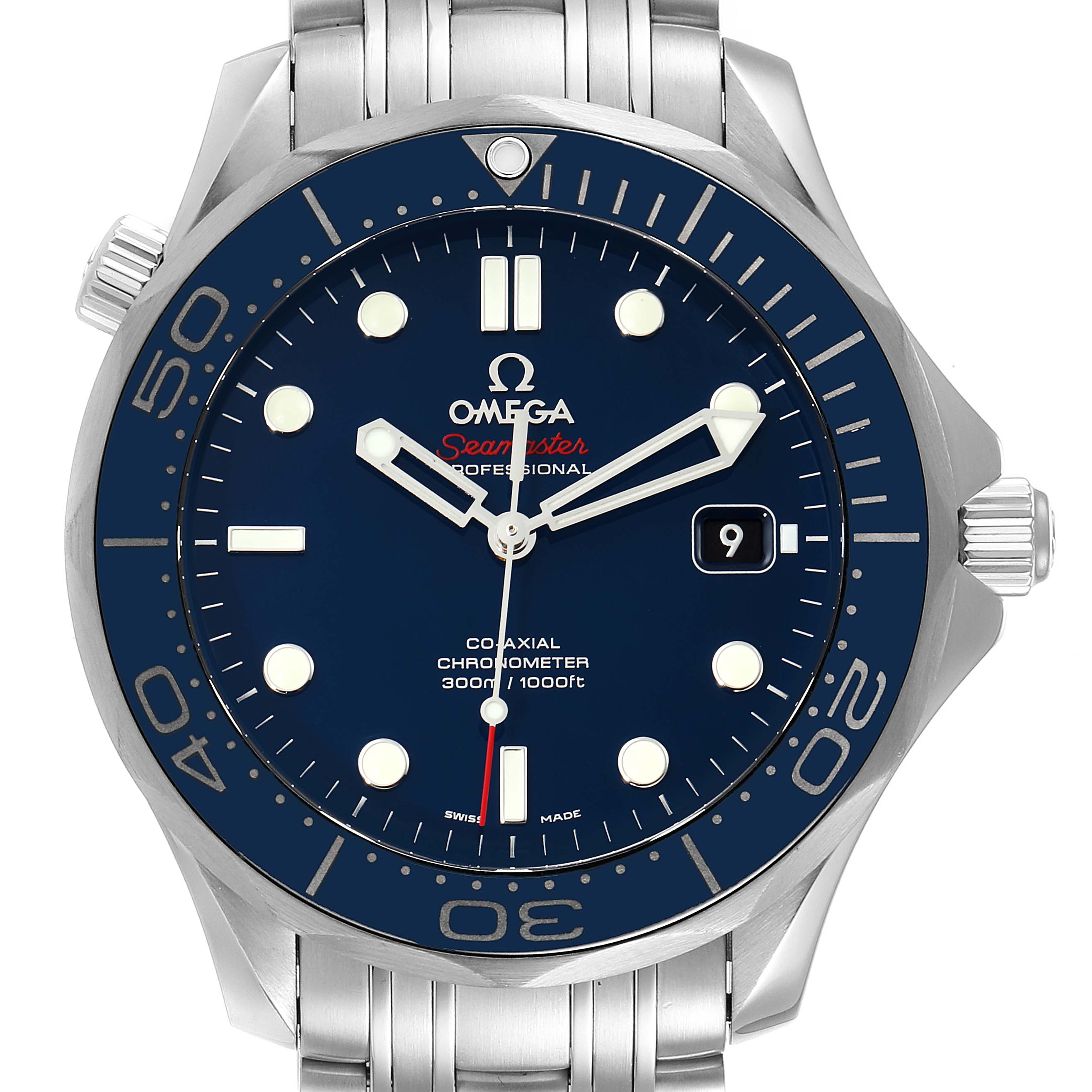 The image shows a front view of an Omega Seamaster 212.30.41.20.03.001 Men's Stainless Steel Blue Dial 212.30.41.20.03.001 Men's Stainless Steel Blue Dial watch, highlighting its dial, bezel, case, indices, and steel bracelet.
