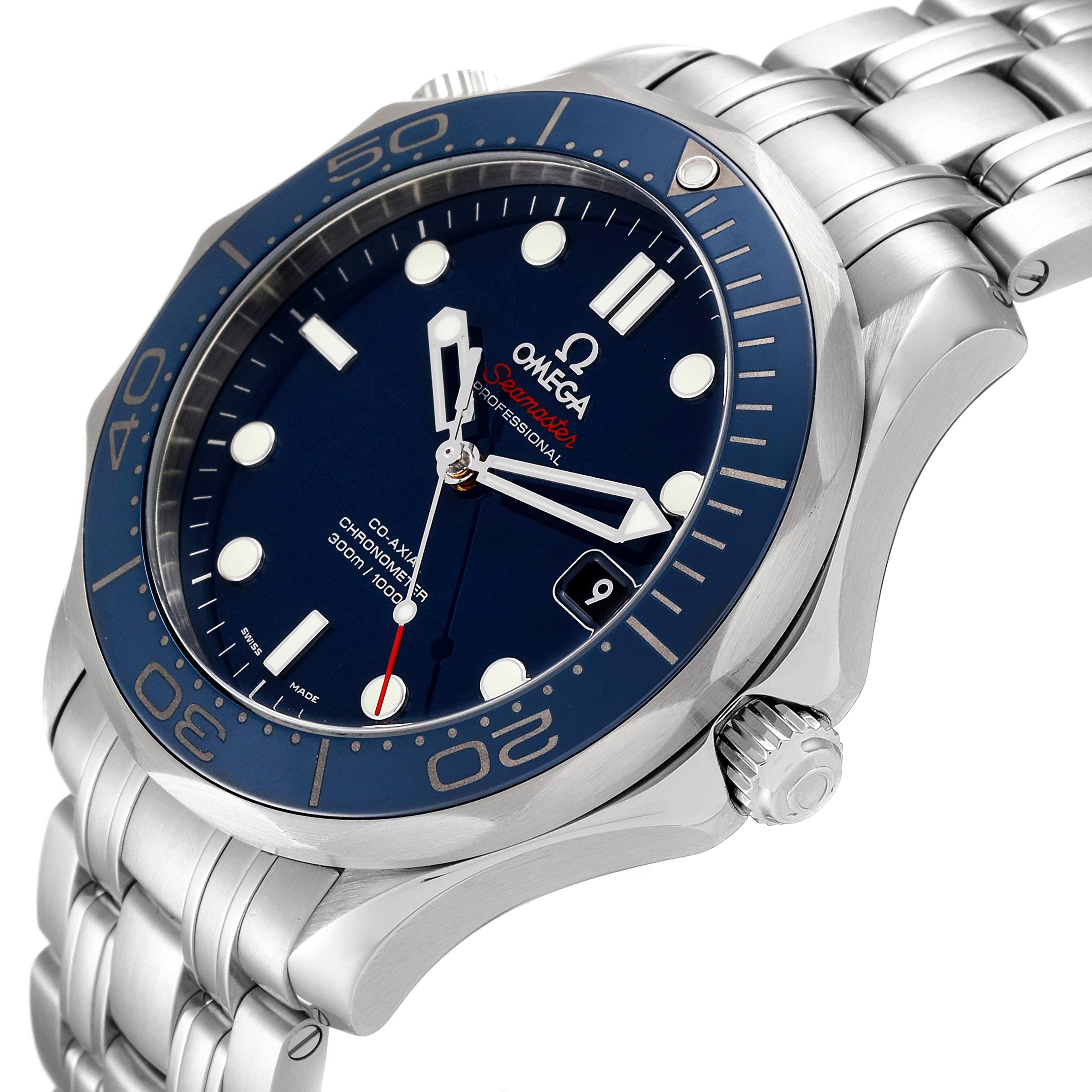 The image shows a close-up view of the Omega Seamaster 212.30.41.20.03.001 Men's Stainless Steel Blue Dial 212.30.41.20.03.001 Men's Stainless Steel Blue Dial watch, displaying its face, bezel, crown, and part of the bracelet.