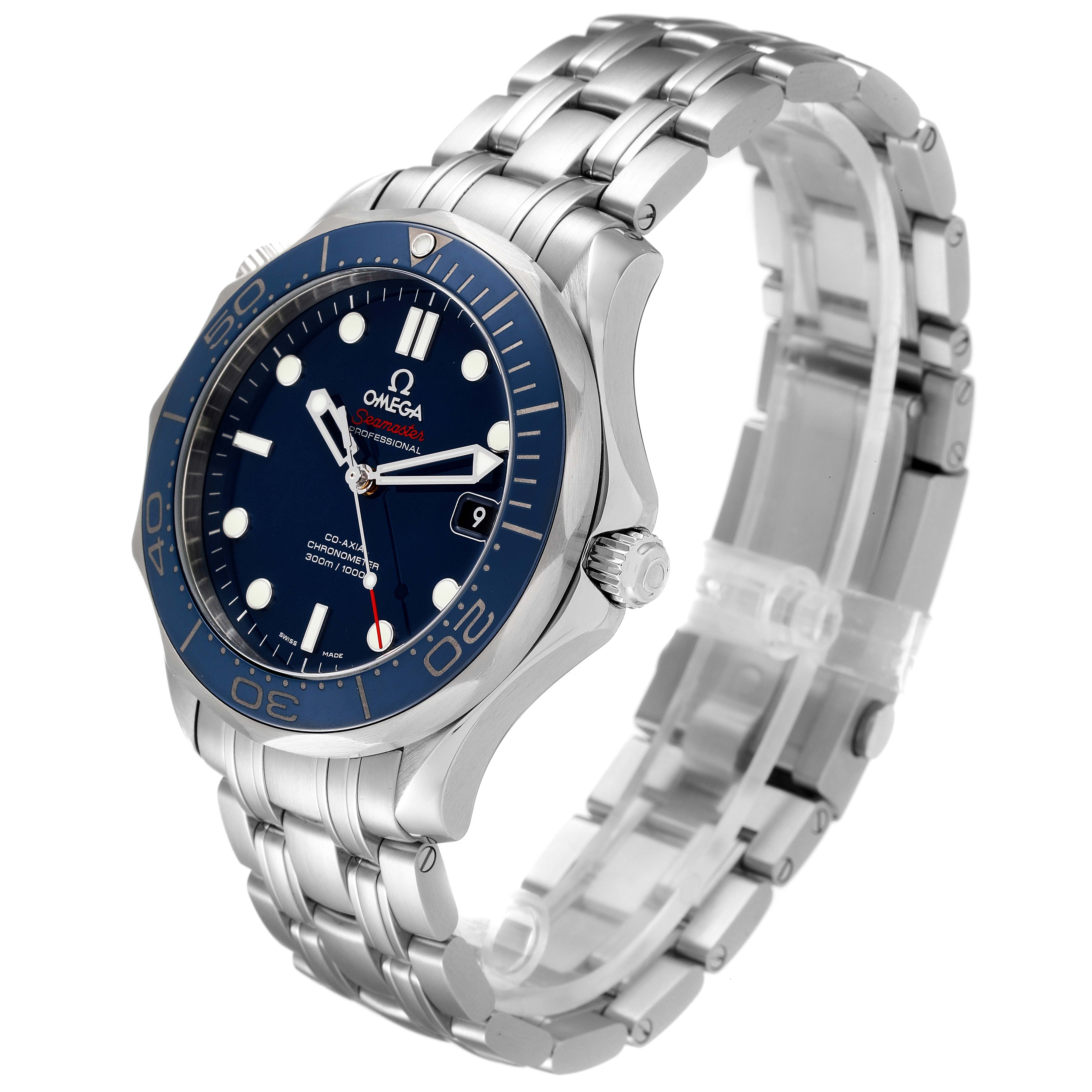 The Omega Seamaster 212.30.41.20.03.001 Men's Stainless Steel Blue Dial 212.30.41.20.03.001 Men's Stainless Steel Blue Dial watch is shown at a slight left side angle, displaying its bracelet, bezel, crown, and face.