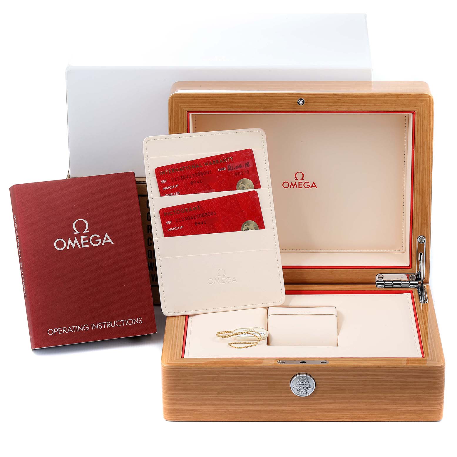 The image shows the packaging for the Omega Seamaster 212.30.41.20.03.001 Men's Stainless Steel Blue Dial 212.30.41.20.03.001 Men's Stainless Steel Blue Dial watch, including the box, cards, and an operating instructions booklet.