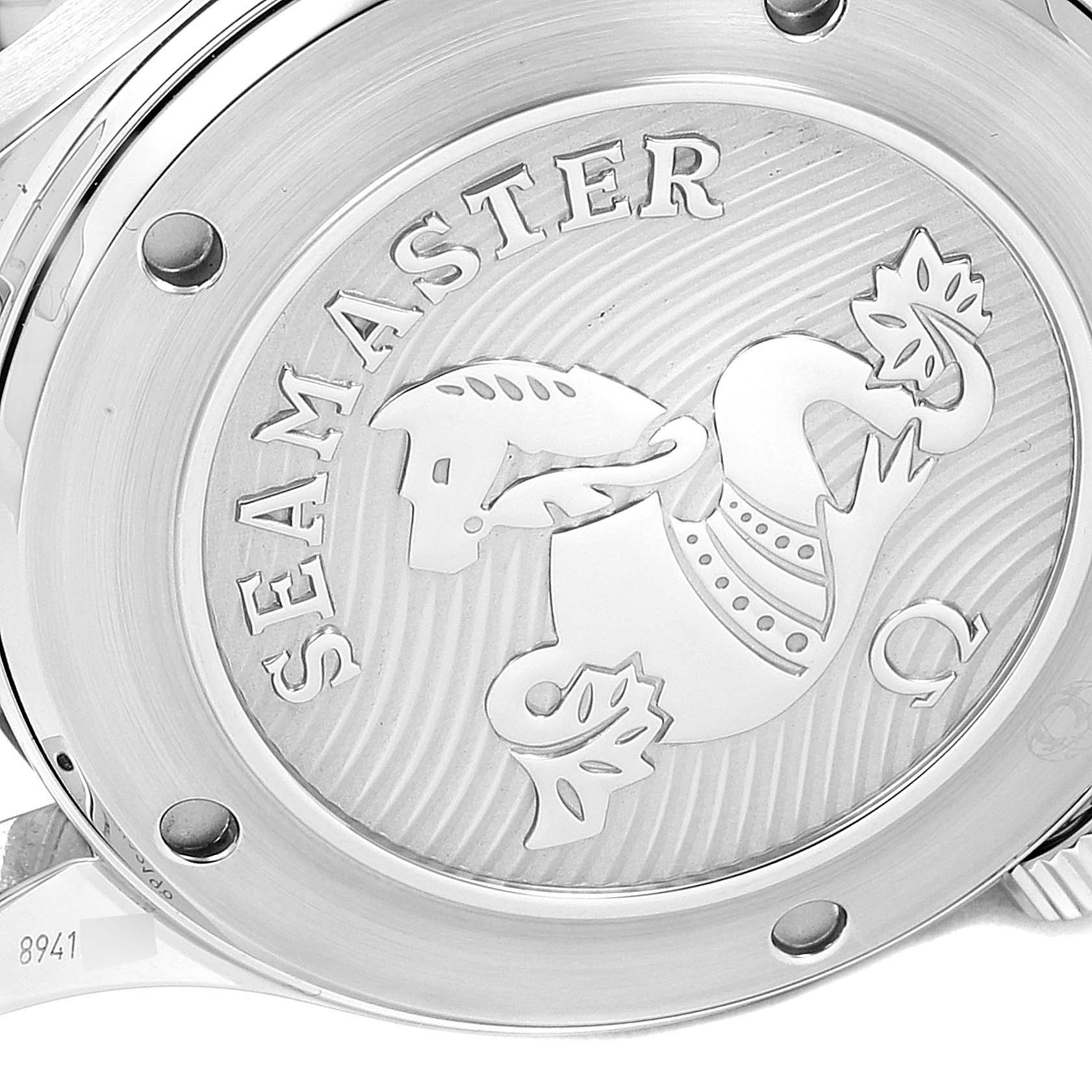 The image shows the case back of an Omega Seamaster 212.30.41.20.03.001 Men's Stainless Steel Blue Dial 212.30.41.20.03.001 Men's Stainless Steel Blue Dial watch, featuring the Seamaster logo and branding.