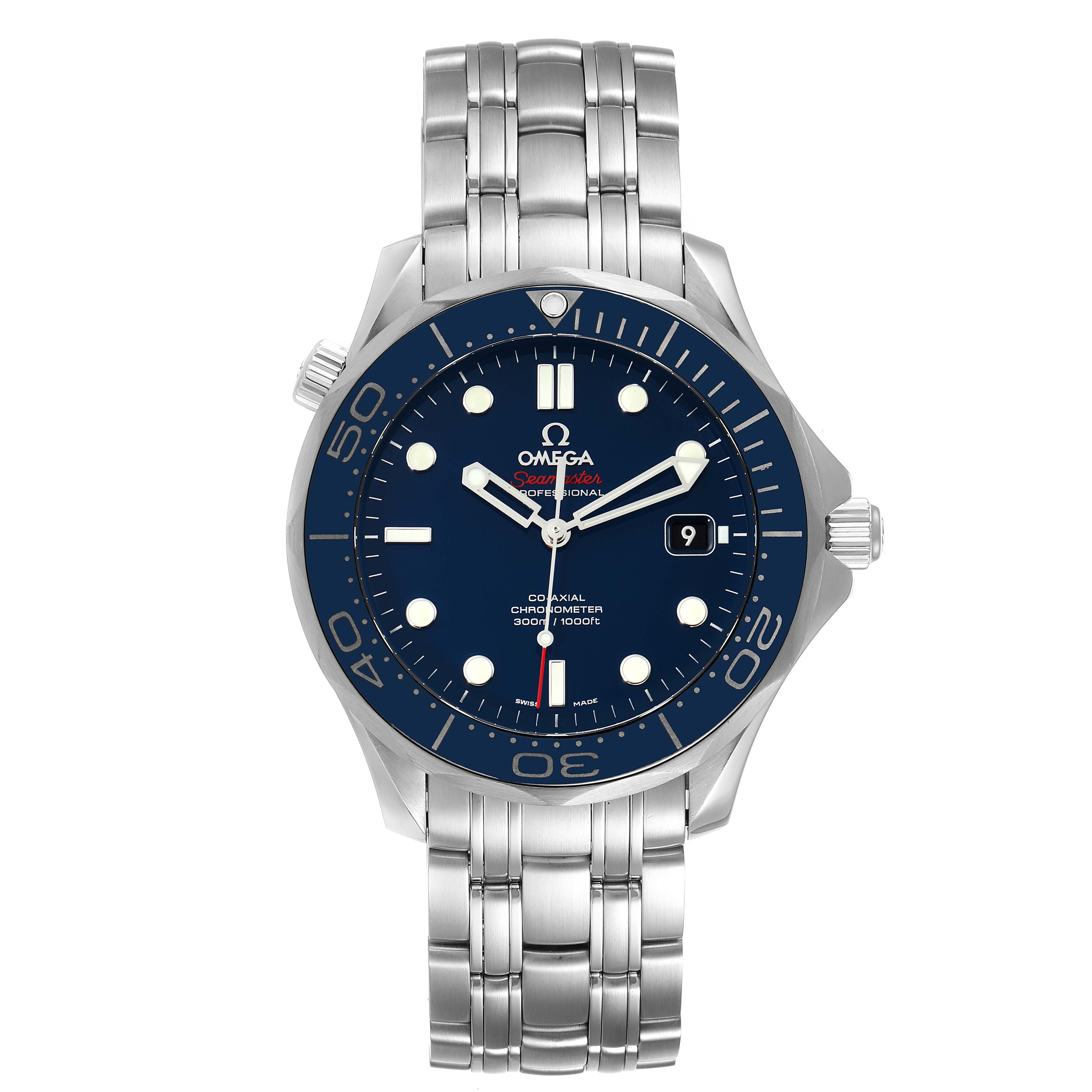 The image shows a front view of the Omega Seamaster 212.30.41.20.03.001 Men's Stainless Steel Blue Dial 212.30.41.20.03.001 Men's Stainless Steel Blue Dial watch, displaying its dial, bezel, case, and stainless steel bracelet.