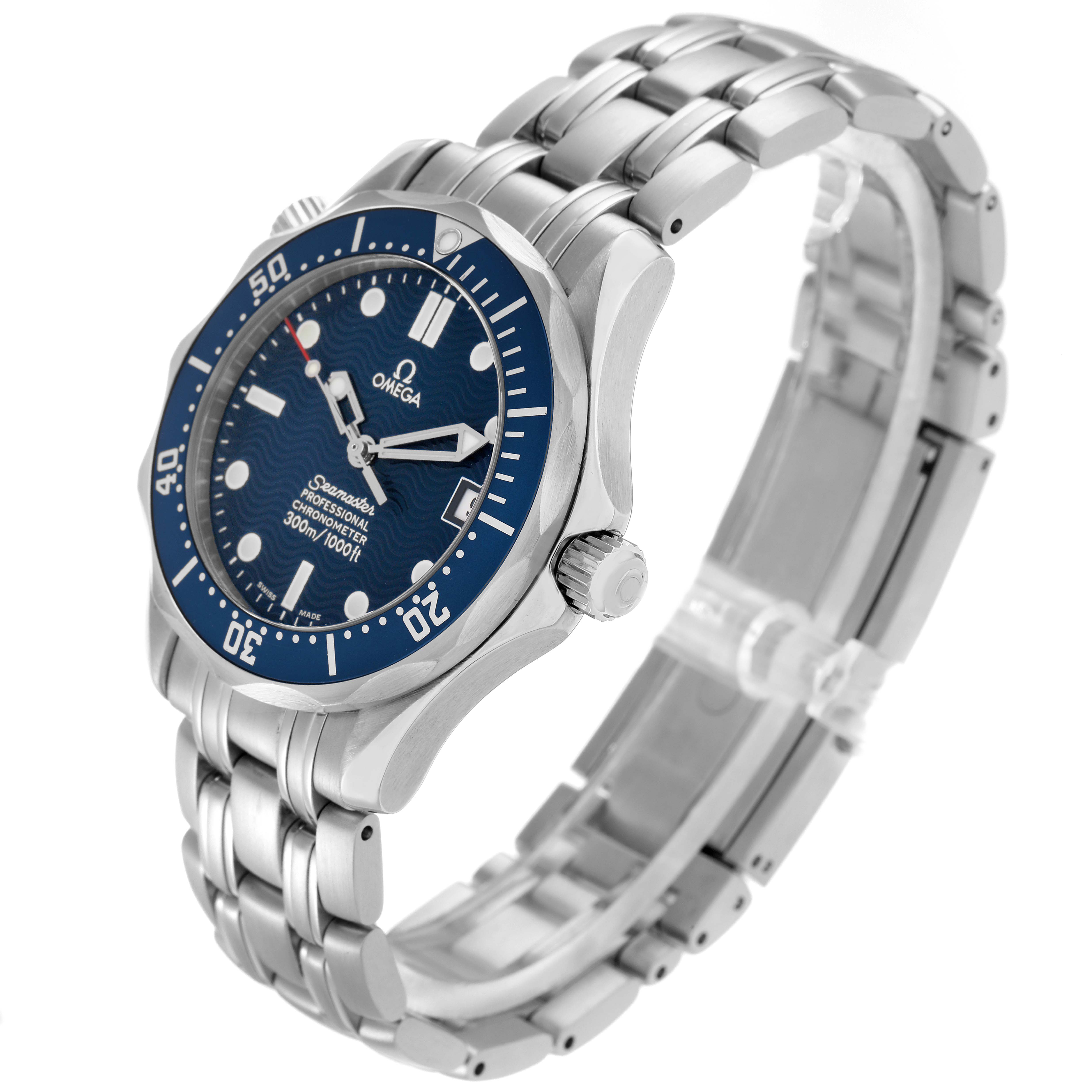 The Omega Seamaster model 2551.80.00 is shown from a three-quarter angle, displaying the blue dial, bezel, crown, and metal bracelet.