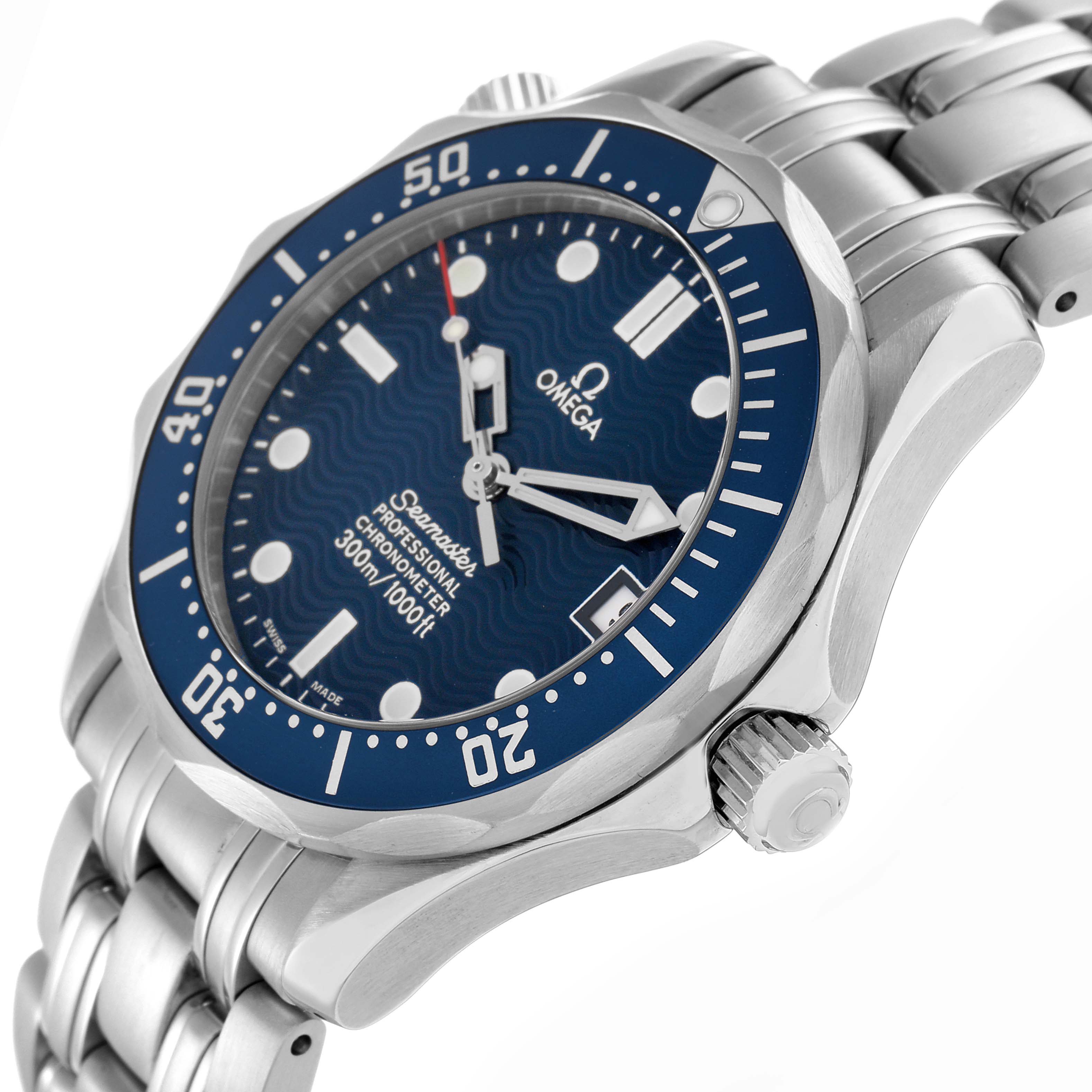 The Omega Seamaster model 2551.80.00 is shown from an oblique angle, highlighting the blue dial, bezel, crown, and part of the steel bracelet.