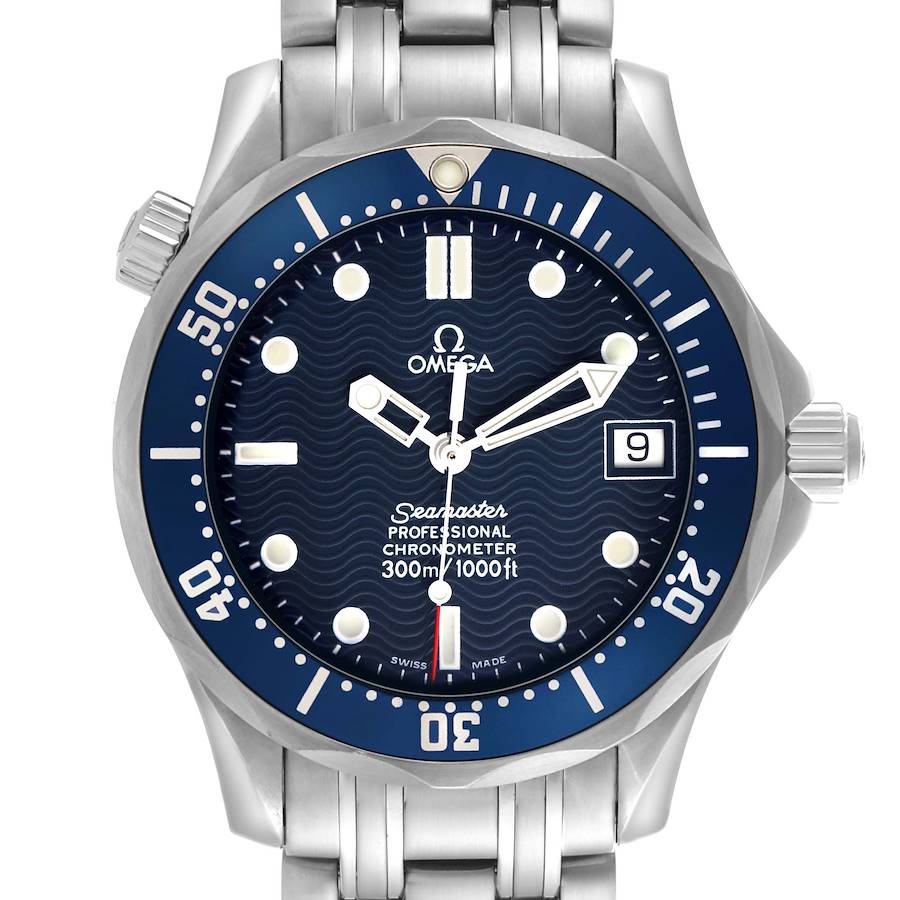 This image shows a front view of the Omega Seamaster, model 2551.80.00, highlighting its blue dial, rotating bezel, and stainless steel bracelet.