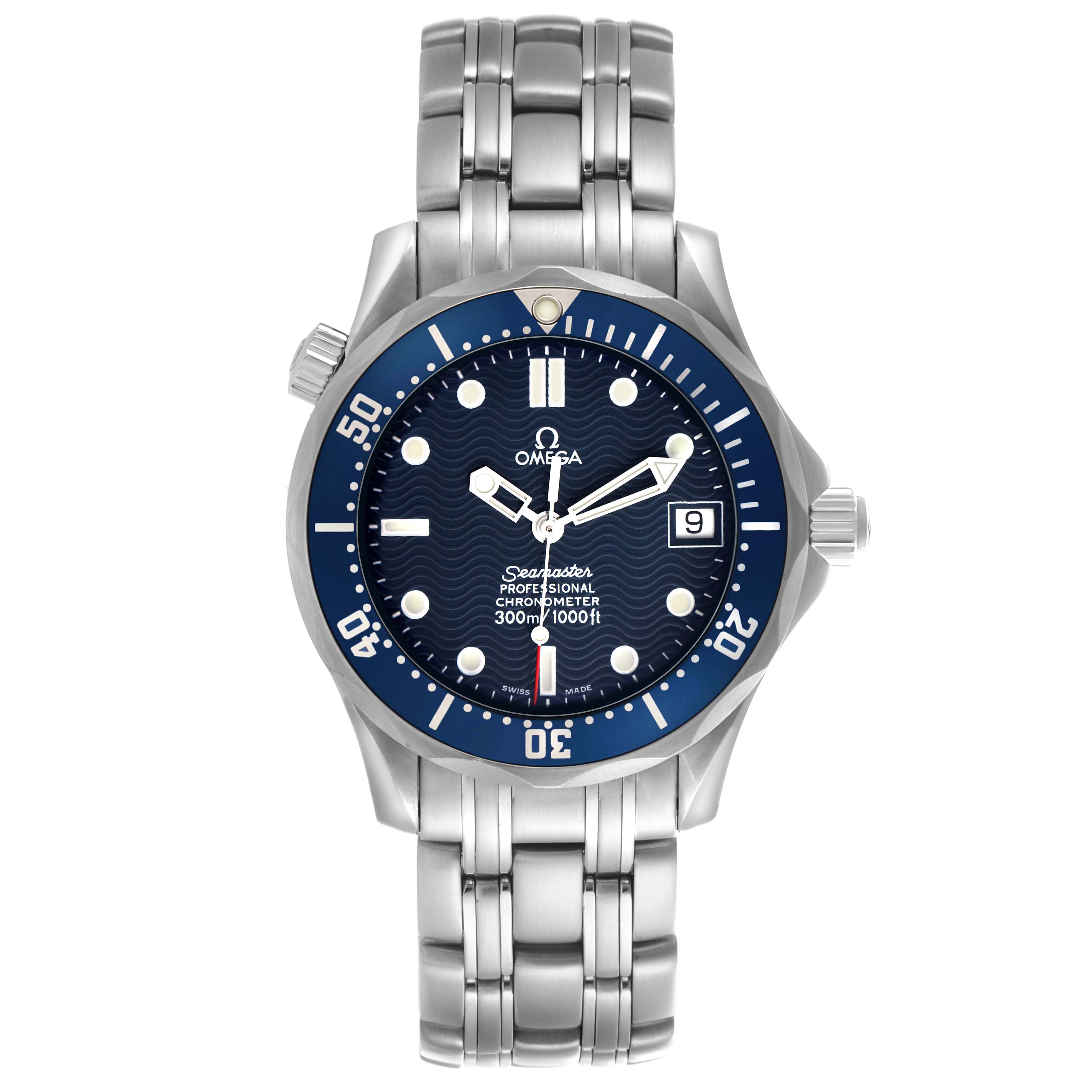 The Omega Seamaster model 2551.80.00 is shown from a top-down angle, displaying the blue dial, bezel, hands, markers, crown, date window, and stainless steel bracelet.