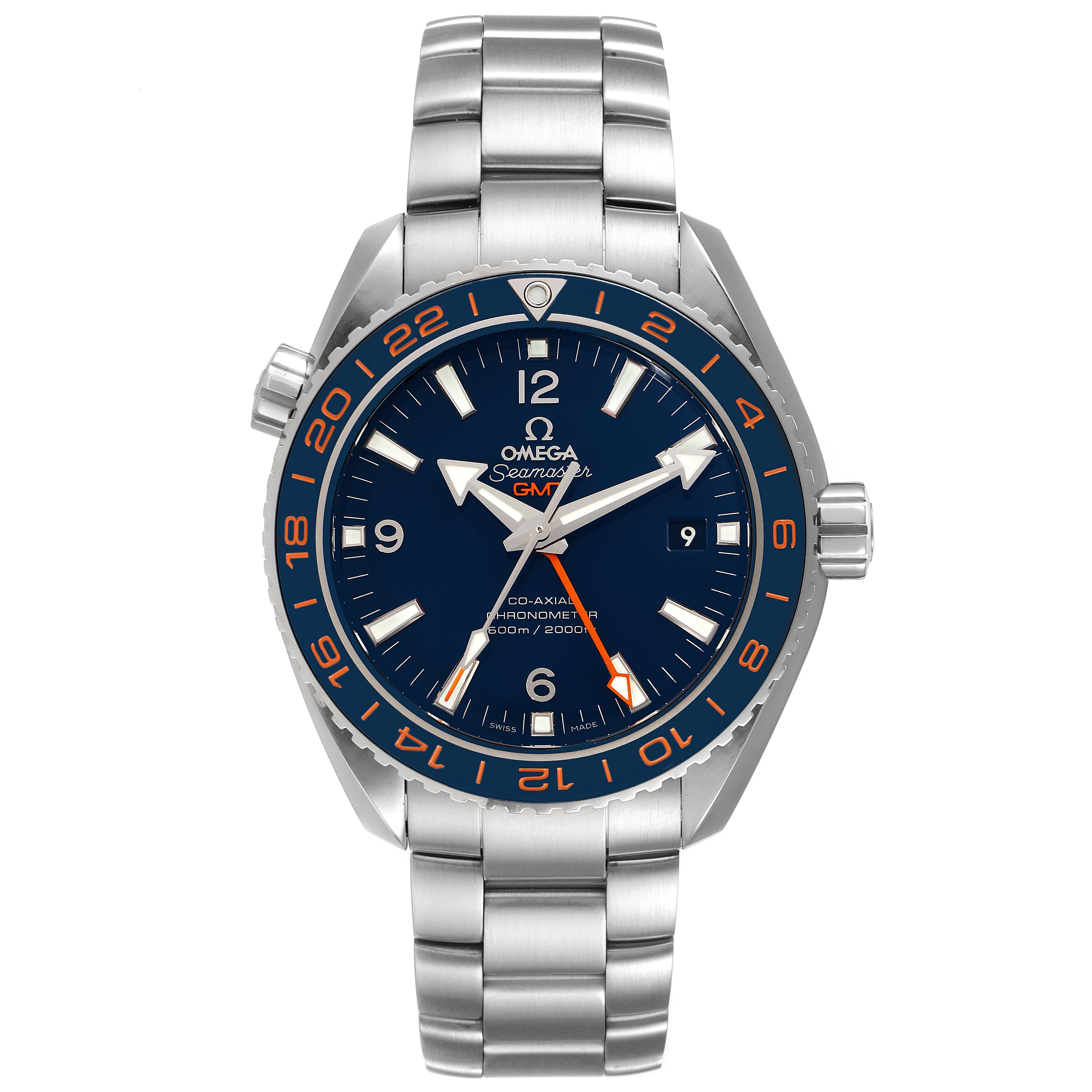 The image shows a front view of the Omega Planet Ocean 232.30.44.22.03.001 Men's Stainless Steel Blue Dial 232.30.44.22.03.001 Men's Stainless Steel Blue Dial model, displaying the dial, bezel, and stainless steel bracelet.