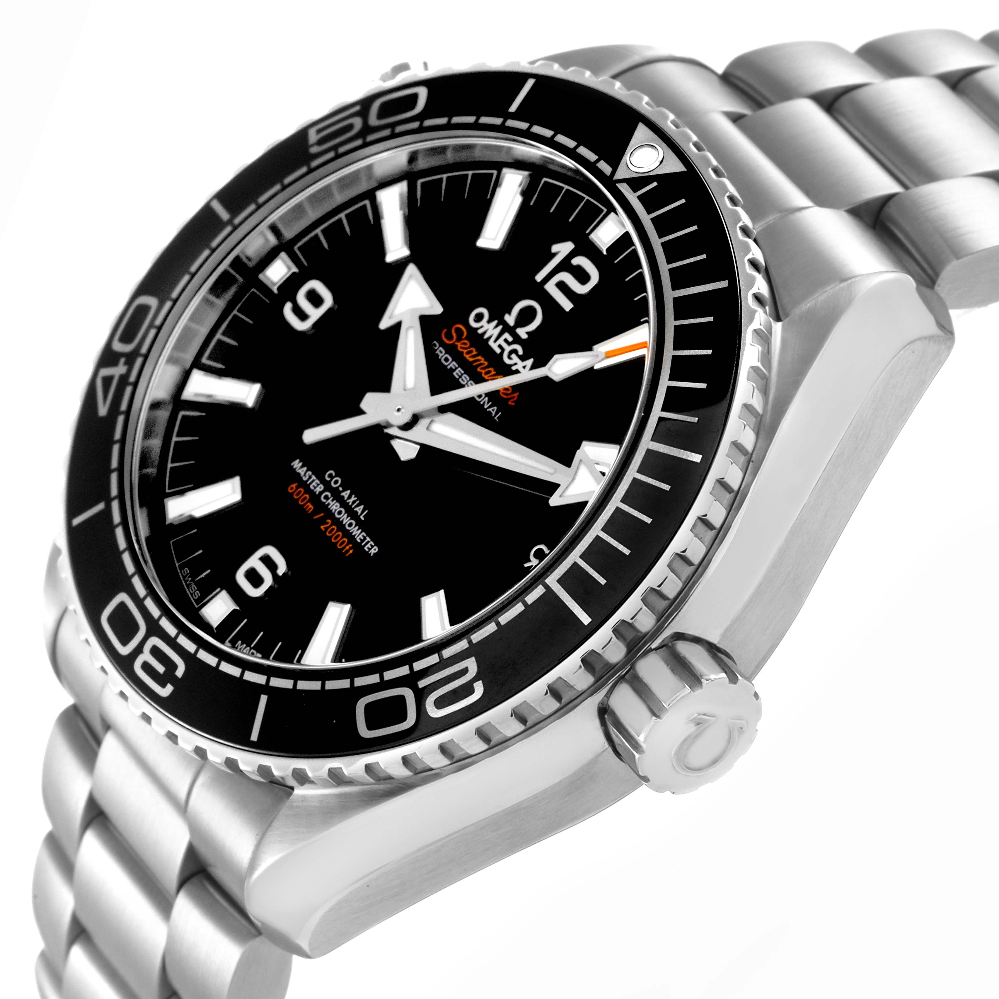 The image shows an Omega Planet Ocean model 215.30.44.21.01.001 at an angle highlighting the dial, bezel, crown, and a portion of the bracelet.