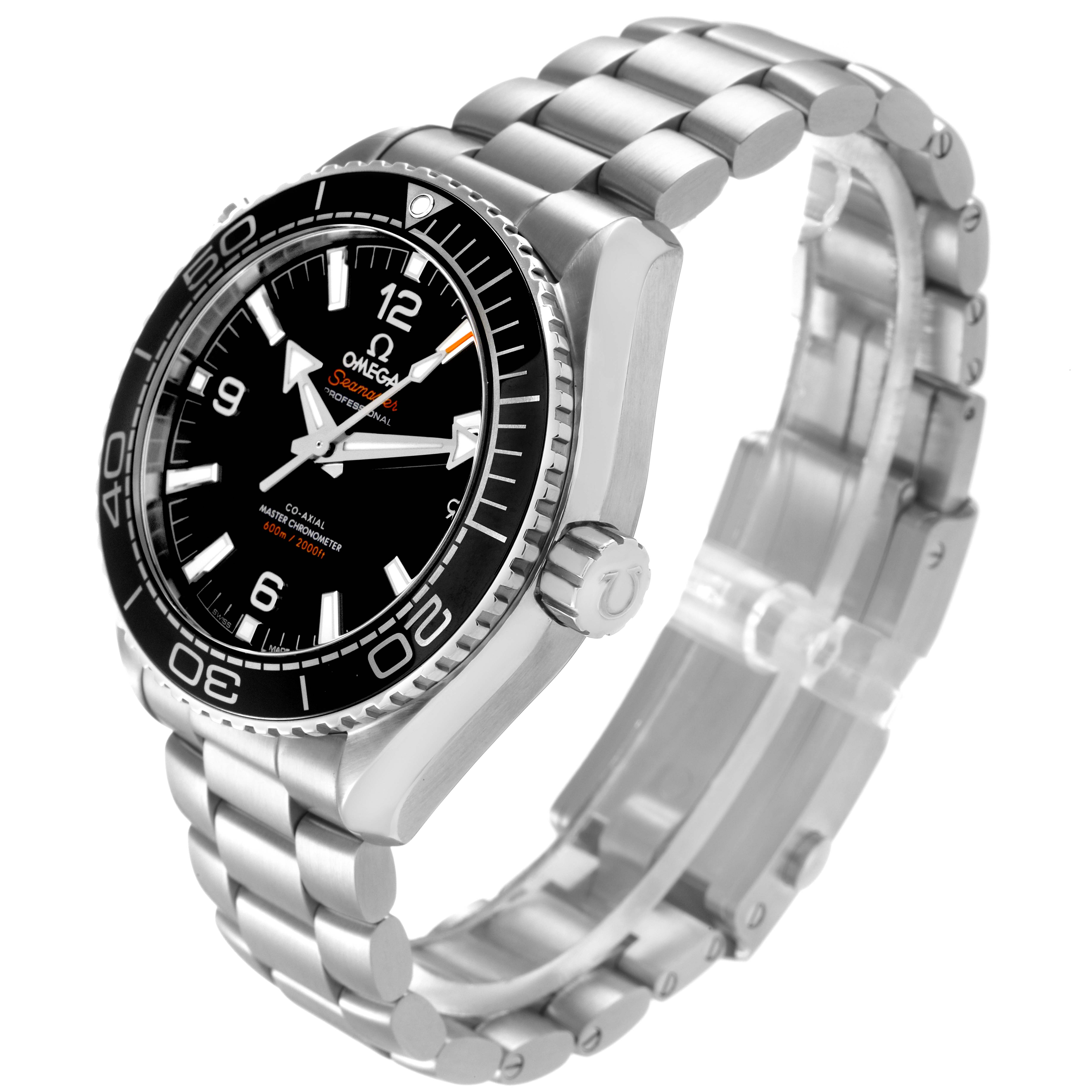 The image shows the Omega Planet Ocean model 215.30.44.21.01.001 at a side angle, highlighting the bezel, bracelet, and case details.