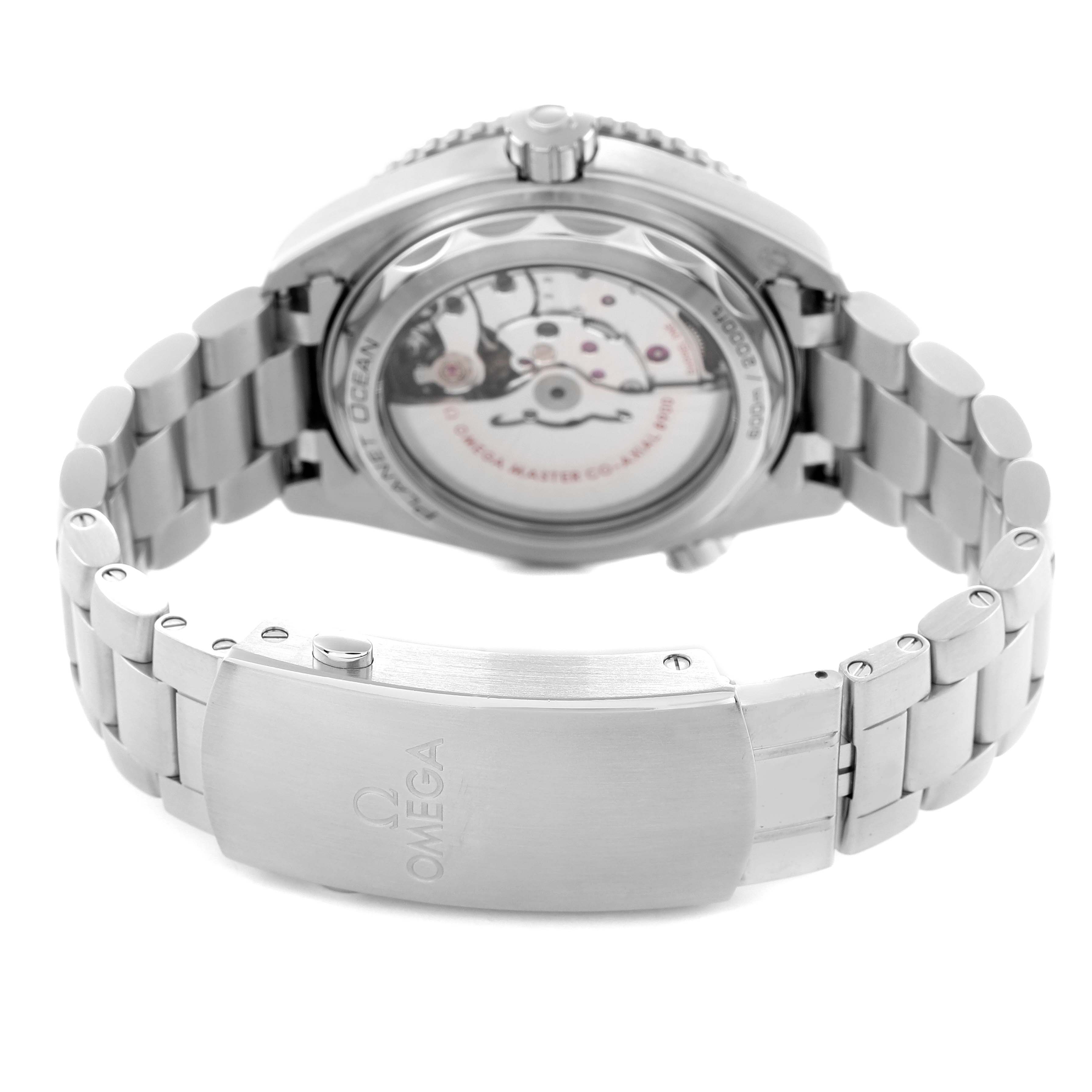 The image shows the back view of the Omega Planet Ocean model 215.30.44.21.01.001, highlighting the exhibition case back and metal bracelet clasp.