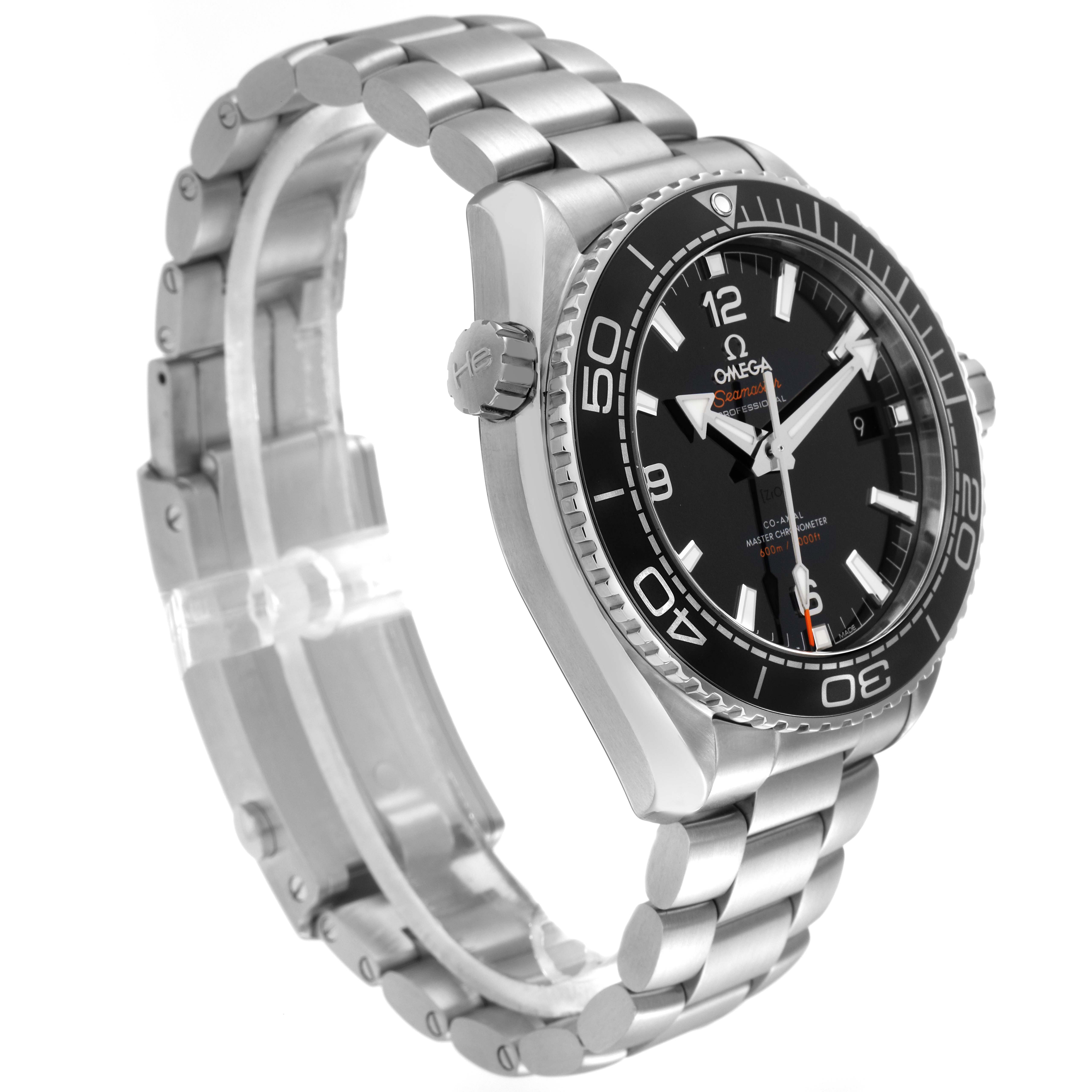 The Omega Planet Ocean model 215.30.44.21.01.001 is shown at an angle highlighting its bracelet, case, crown, and bezel with a clear view of the dial.