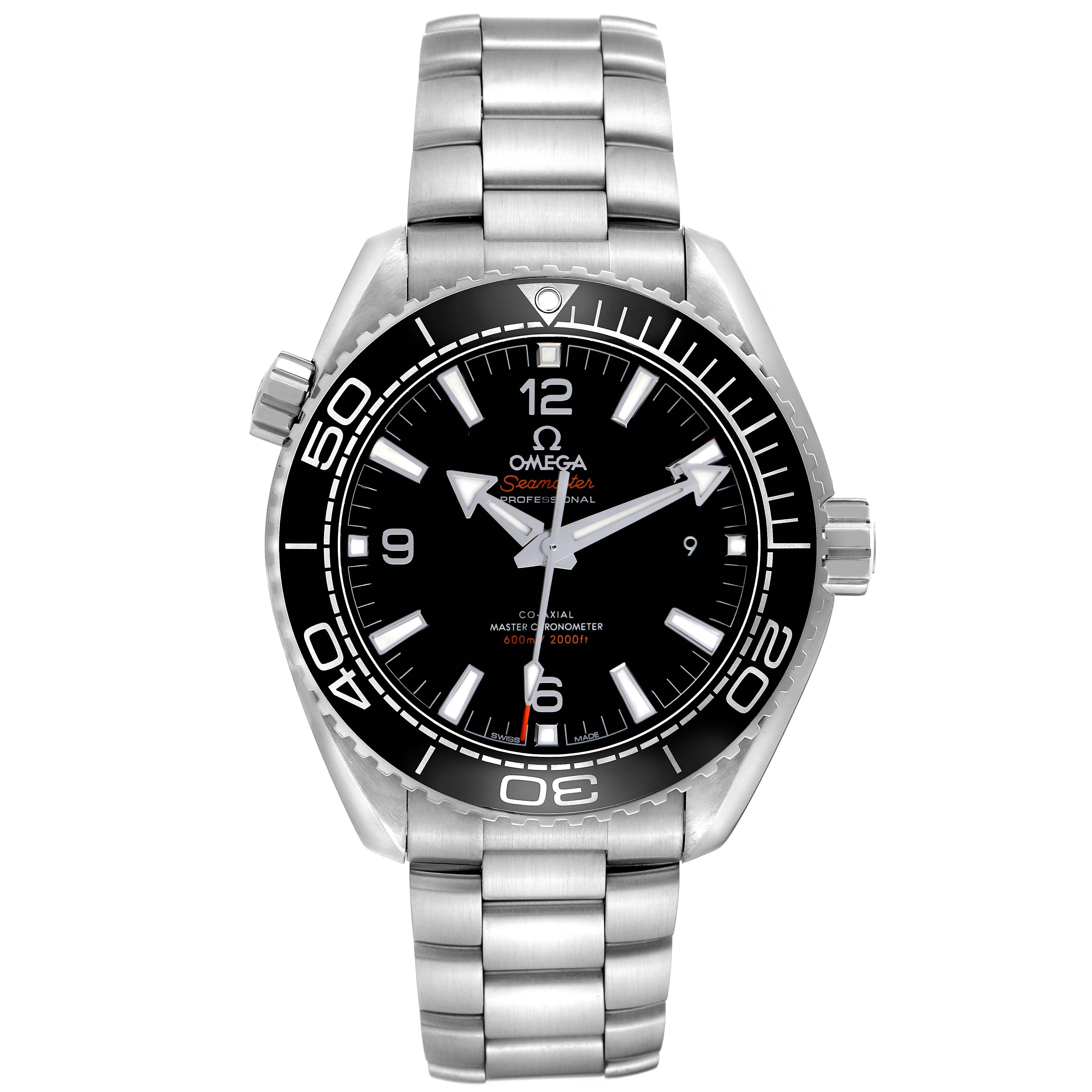 The Omega Planet Ocean model 215.30.44.21.01.001 is shown from the front, displaying the dial, bezel, case, and part of the bracelet.