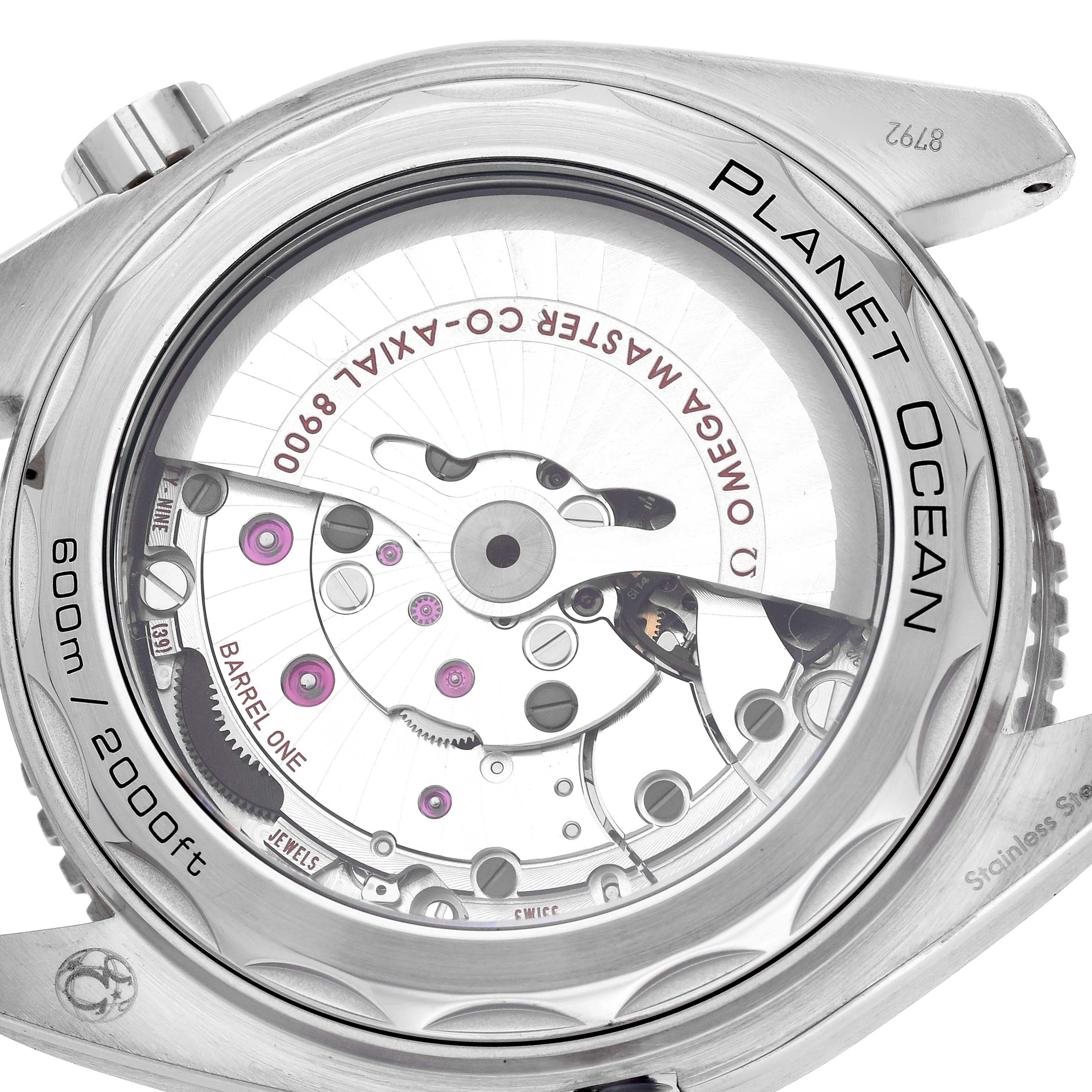 The image shows the transparent case back of the Omega Planet Ocean model 215.30.44.21.01.001, revealing the intricate mechanical movement inside.