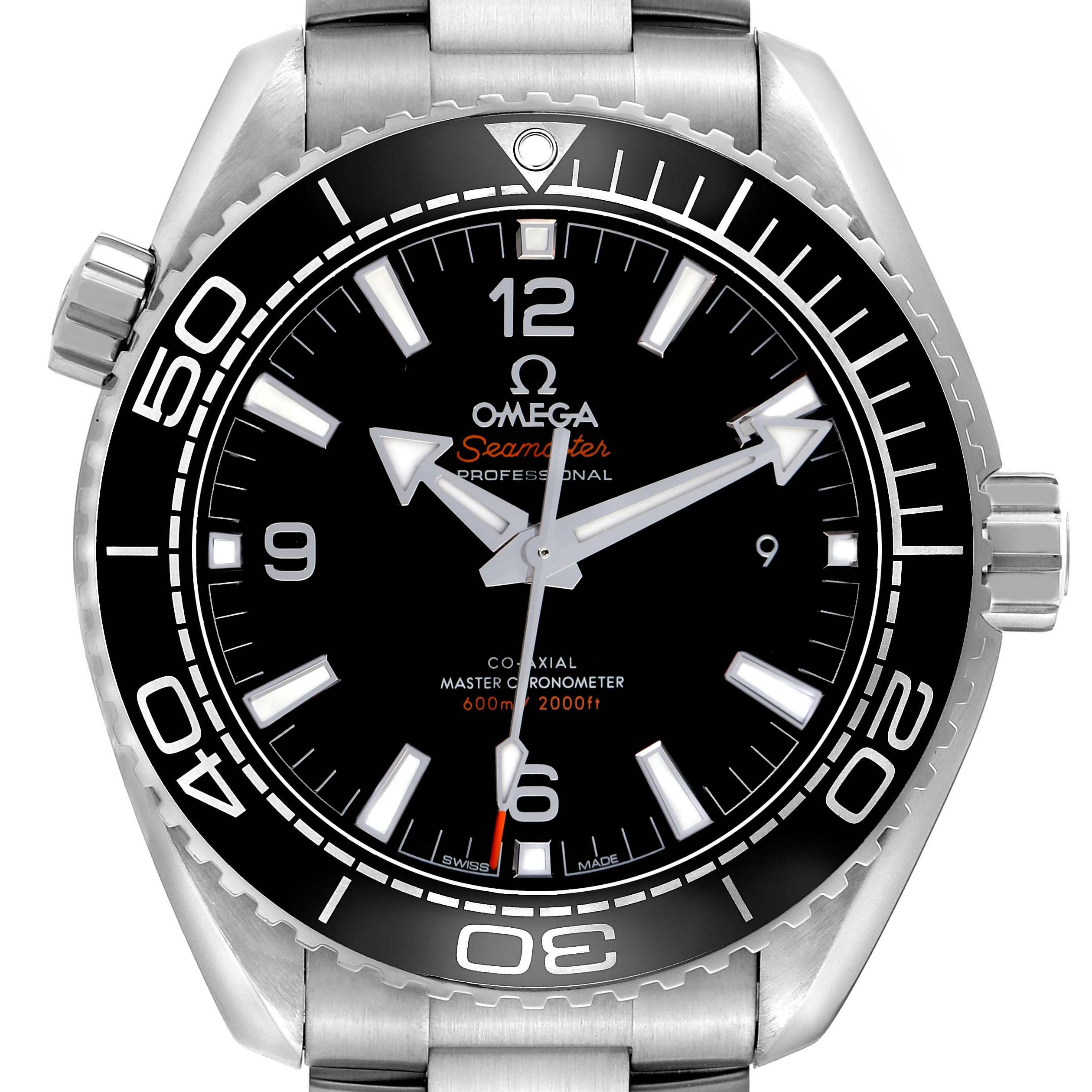 The image shows a front view of an Omega Planet Ocean watch, model number 215.30.44.21.01.001, displaying the dial, bezel, and part of the bracelet.
