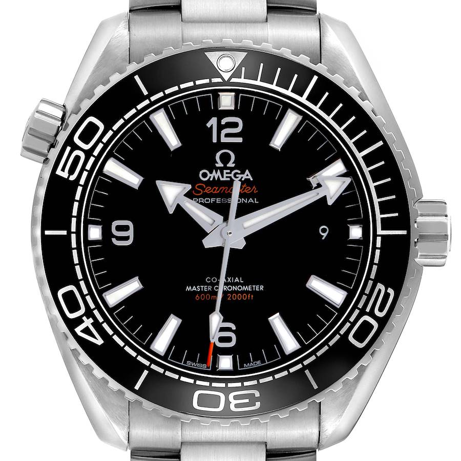 The image shows a front view of an Omega Planet Ocean watch, model number 215.30.44.21.01.001, displaying the dial, bezel, and part of the bracelet.