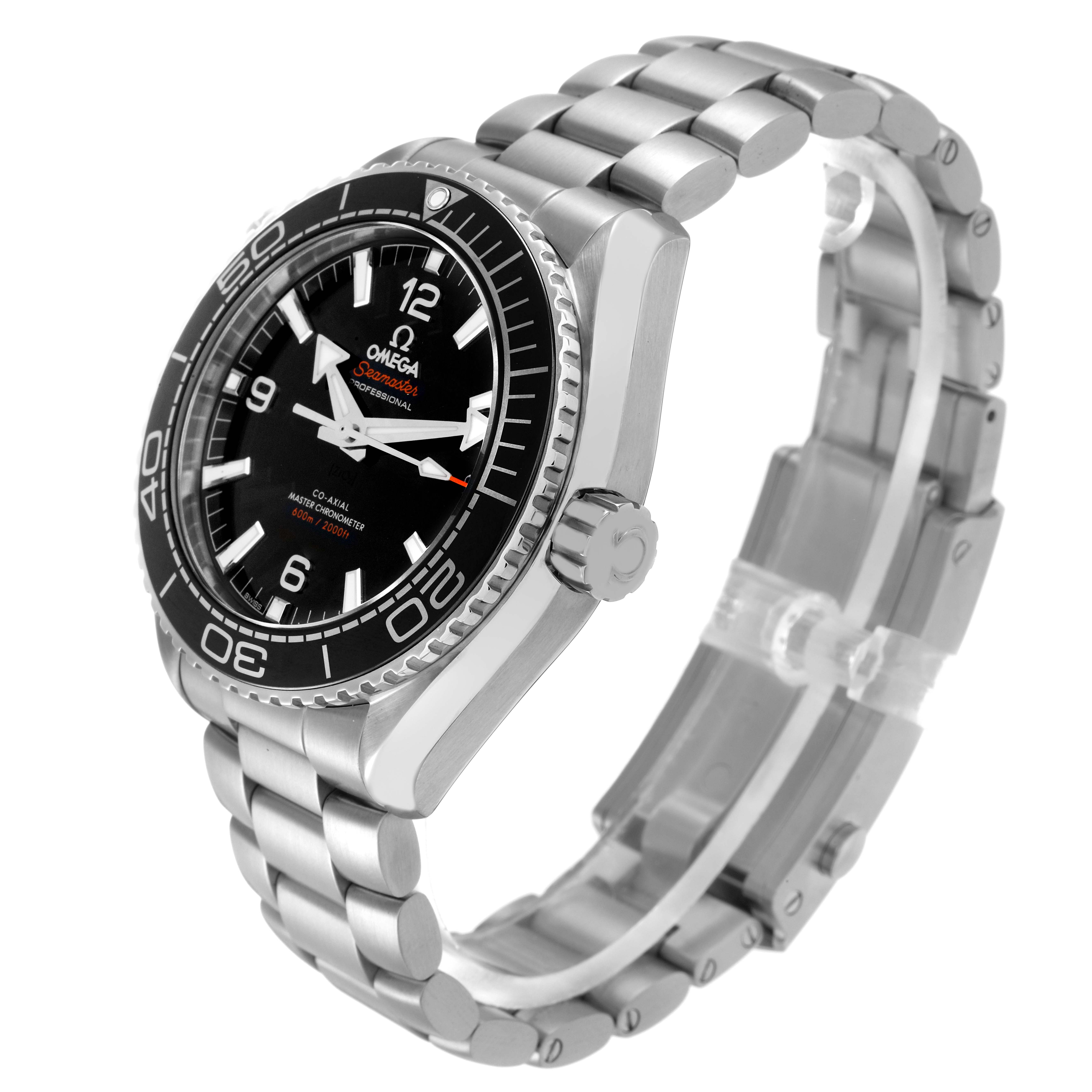 The Omega Planet Ocean model 215.30.44.21.01.001 is shown at a three-quarter angle, displaying the face, bezel, and metal bracelet.