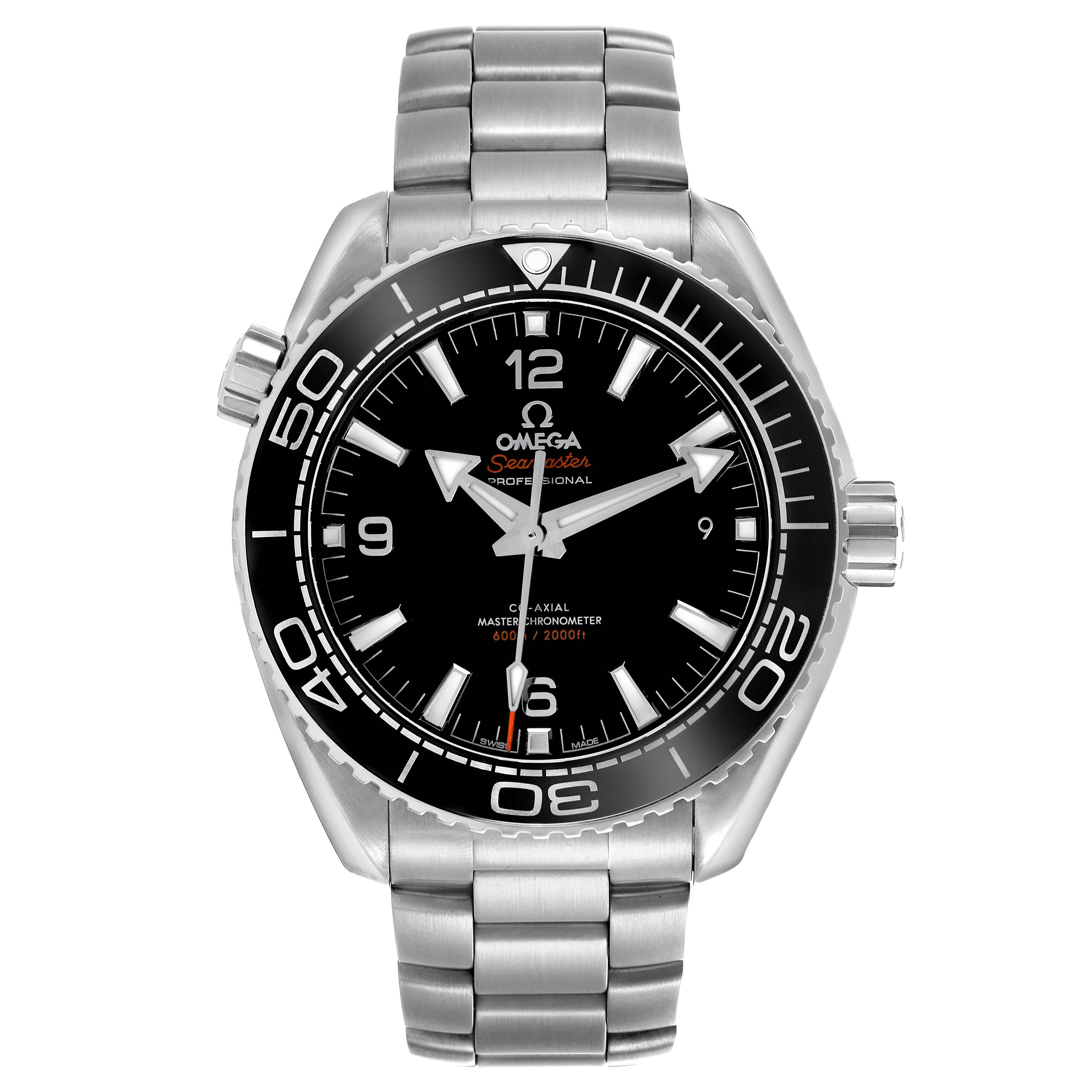 The image shows a frontal view of the Omega Planet Ocean model 215.30.44.21.01.001 men's watch, highlighting the dial, bezel, crown, and bracelet.