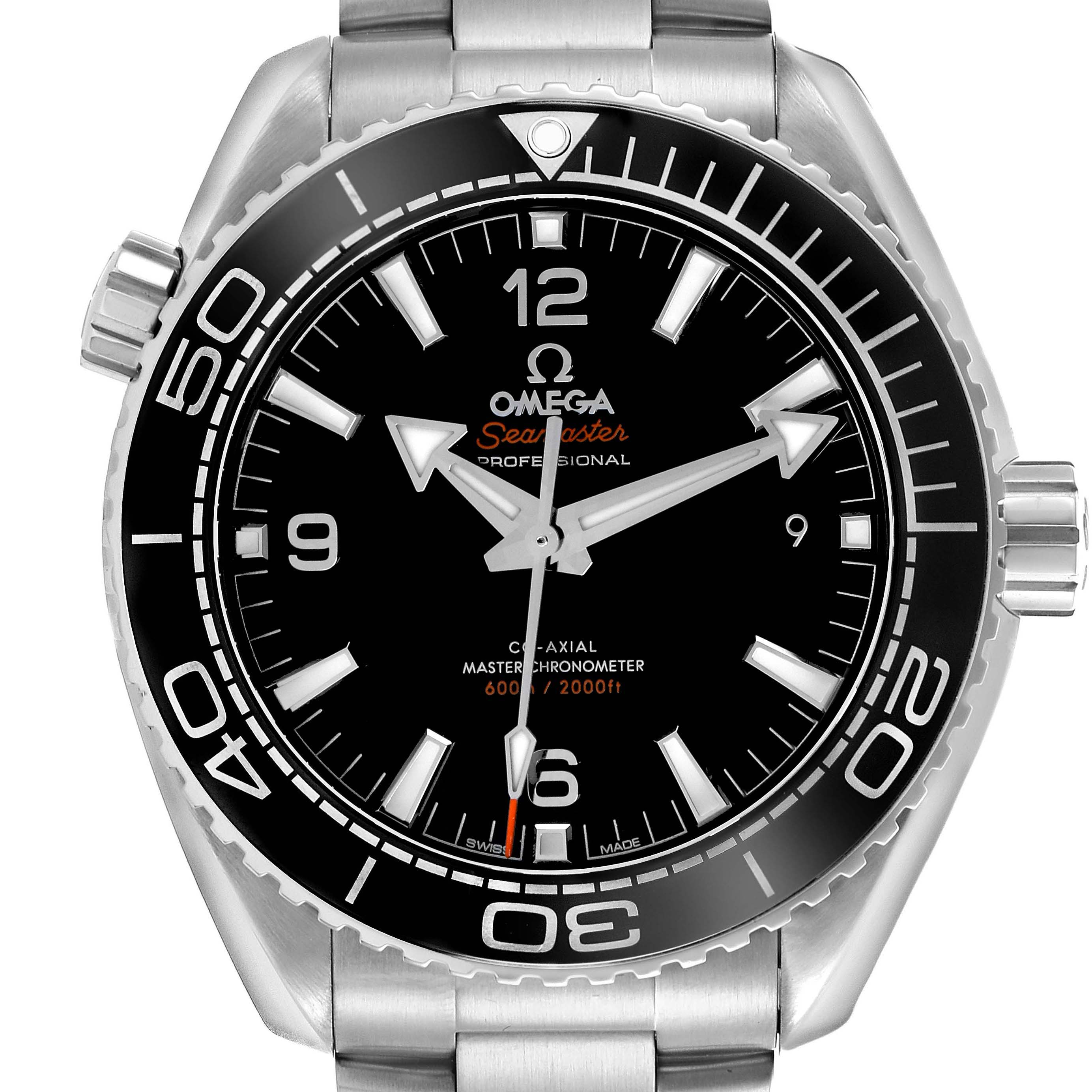 The Omega Planet Ocean model 215.30.44.21.01.001 is shown head-on, displaying the watch face, bezel, crown, and part of the bracelet.
