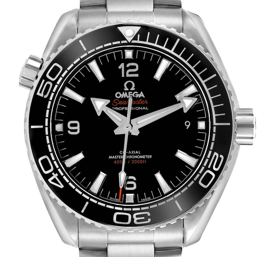 The Omega Planet Ocean model 215.30.44.21.01.001 is shown head-on, displaying the watch face, bezel, crown, and part of the bracelet.