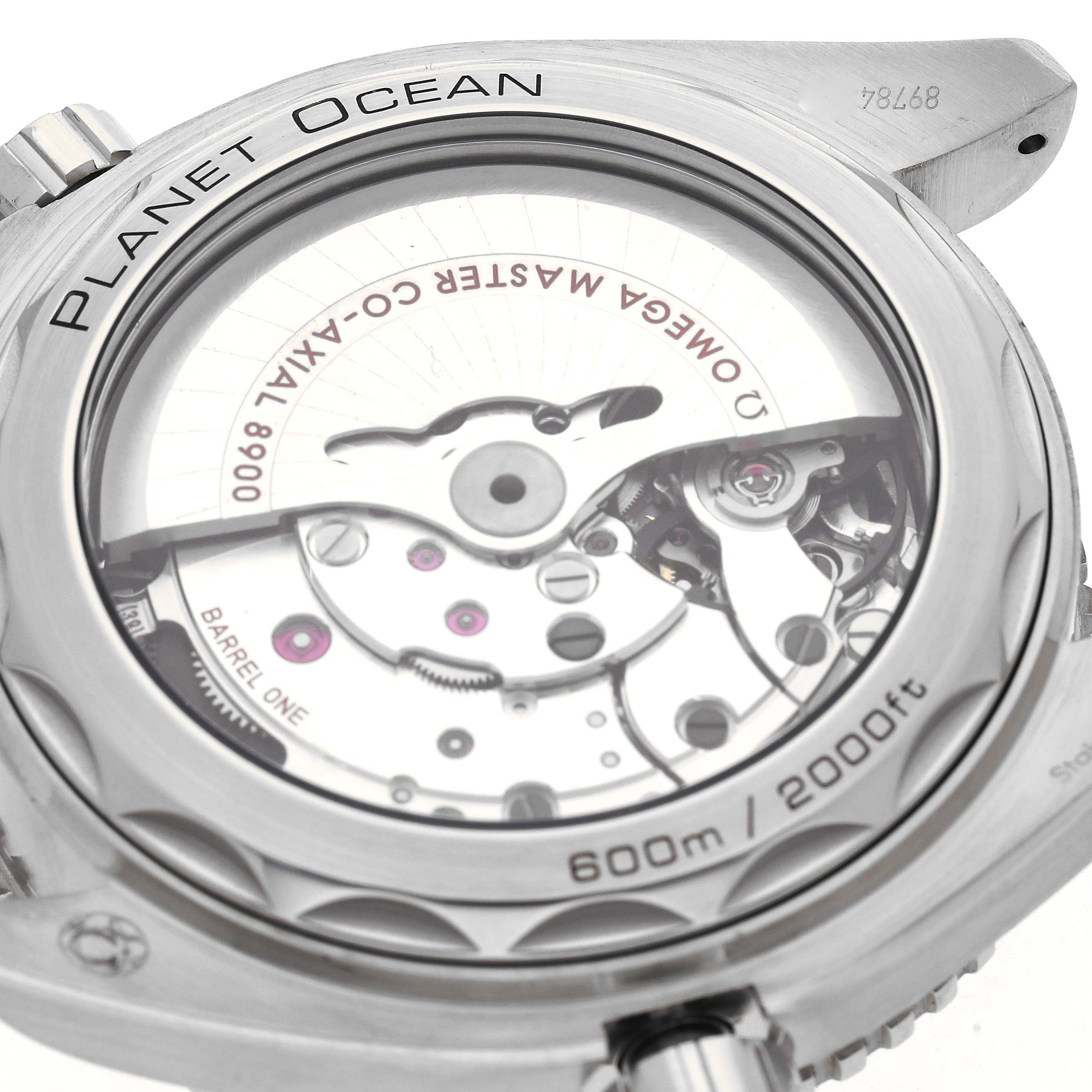 The image shows the back view of the Omega Planet Ocean model 215.30.44.21.01.001, displaying its movement and transparent case back.