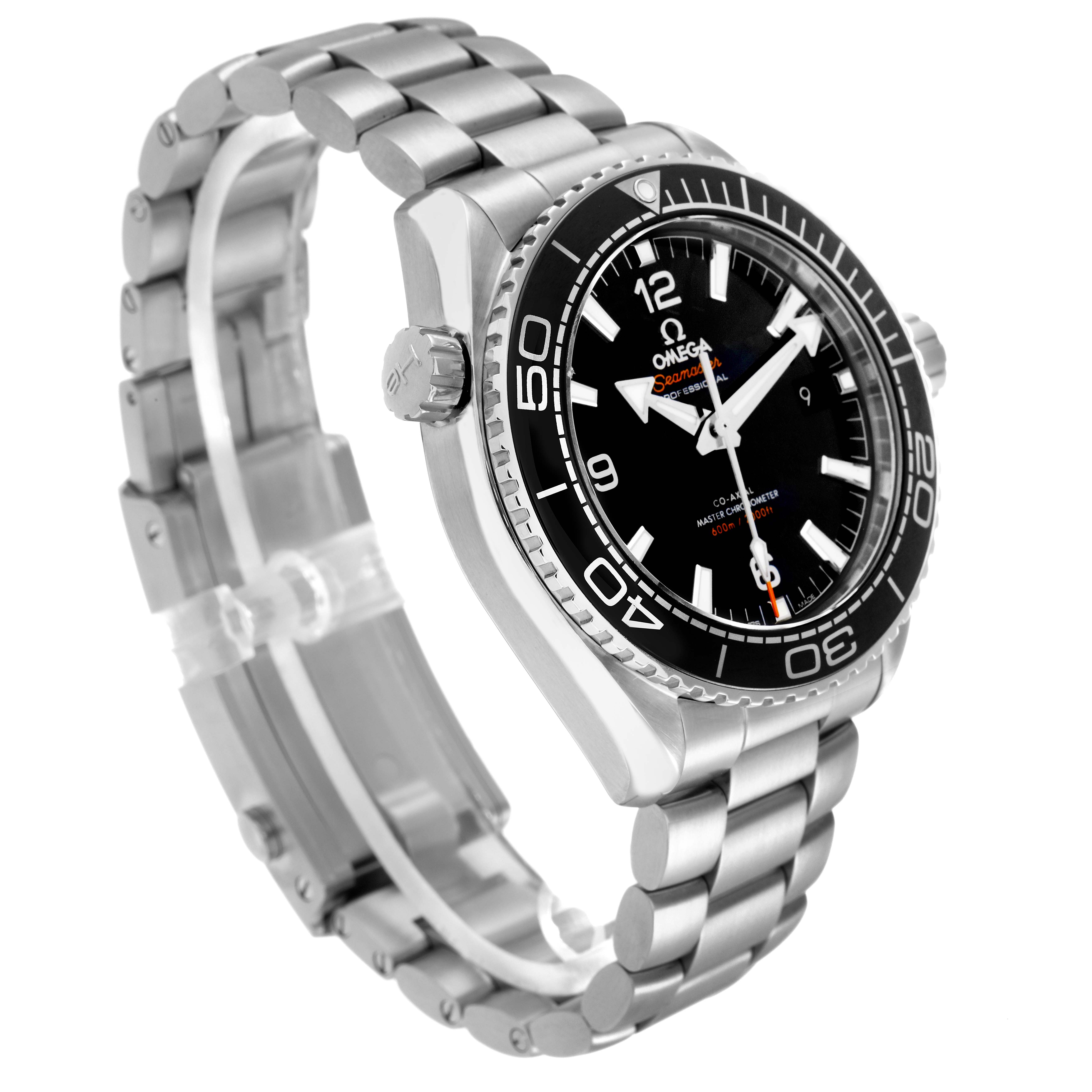 The Omega Planet Ocean model 215.30.44.21.01.001 is shown at a three-quarter angle, displaying the face, bezel, crown, and part of the bracelet.