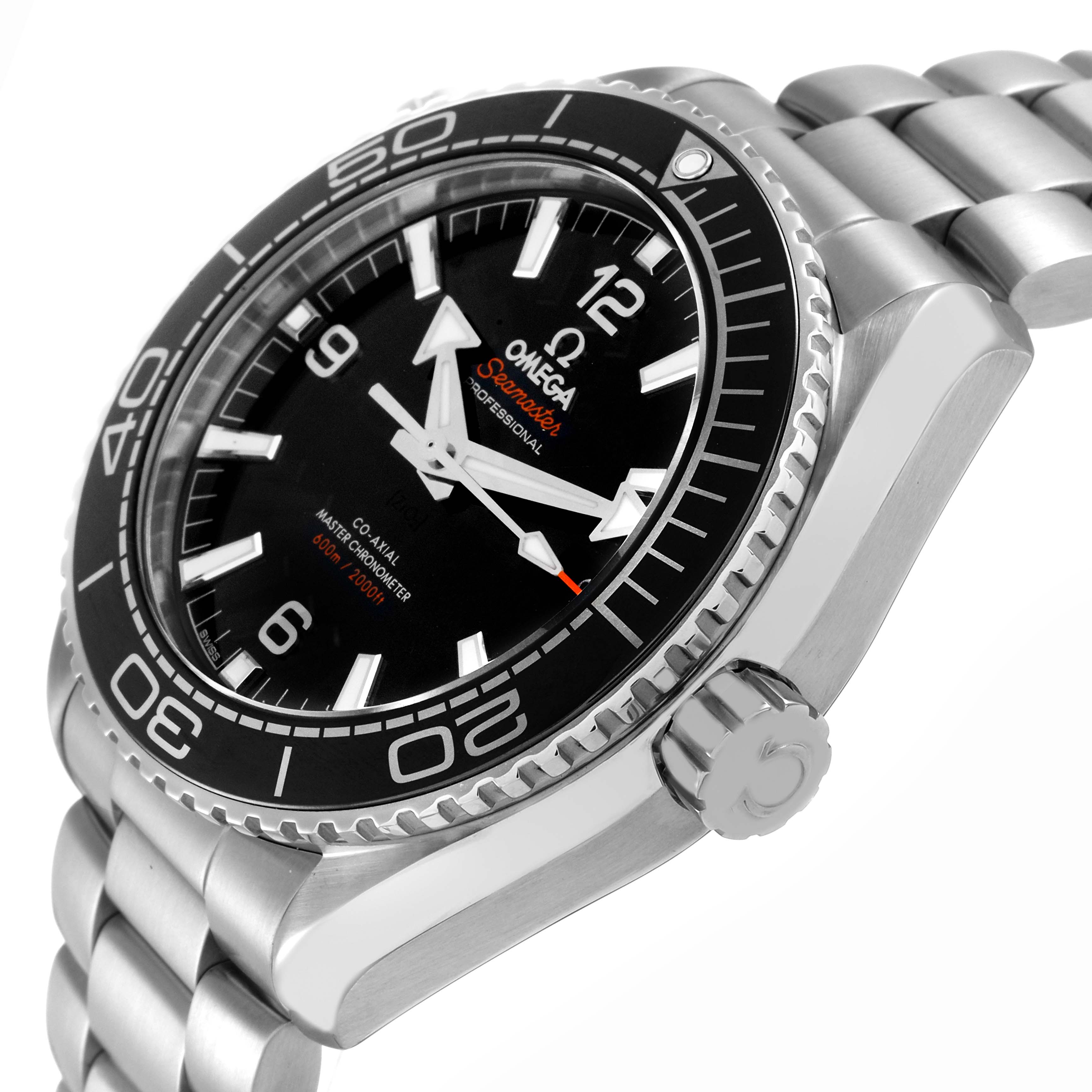 The image shows the Omega Planet Ocean model 215.30.44.21.01.001 from a side angle, highlighting the case, bezel, crown, and bracelet.