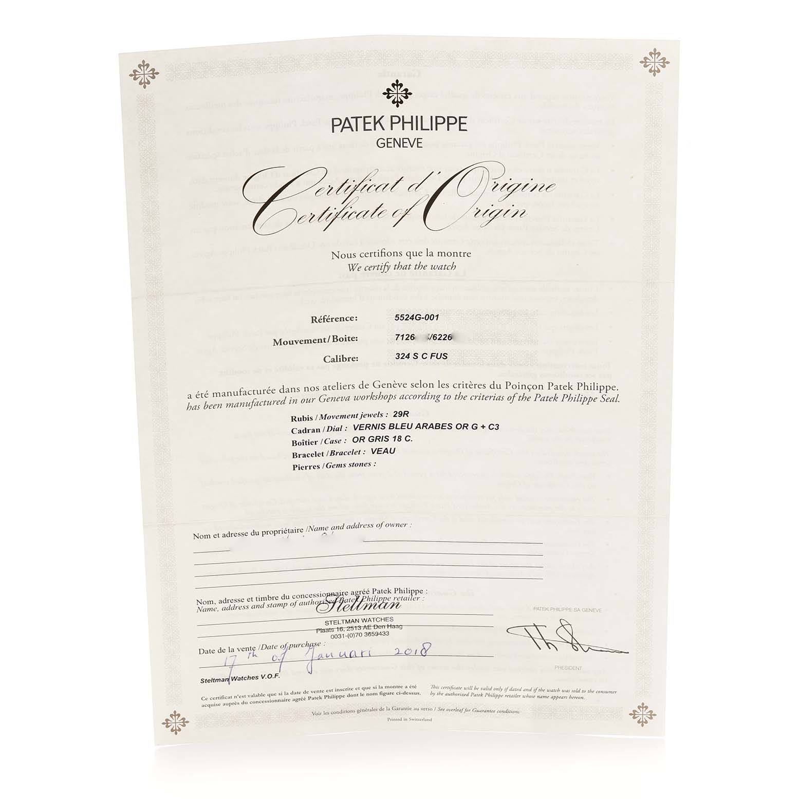 The image shows the Certificate of Origin for a Patek Philippe Calatrava model 5524G-001, focusing on the document details.