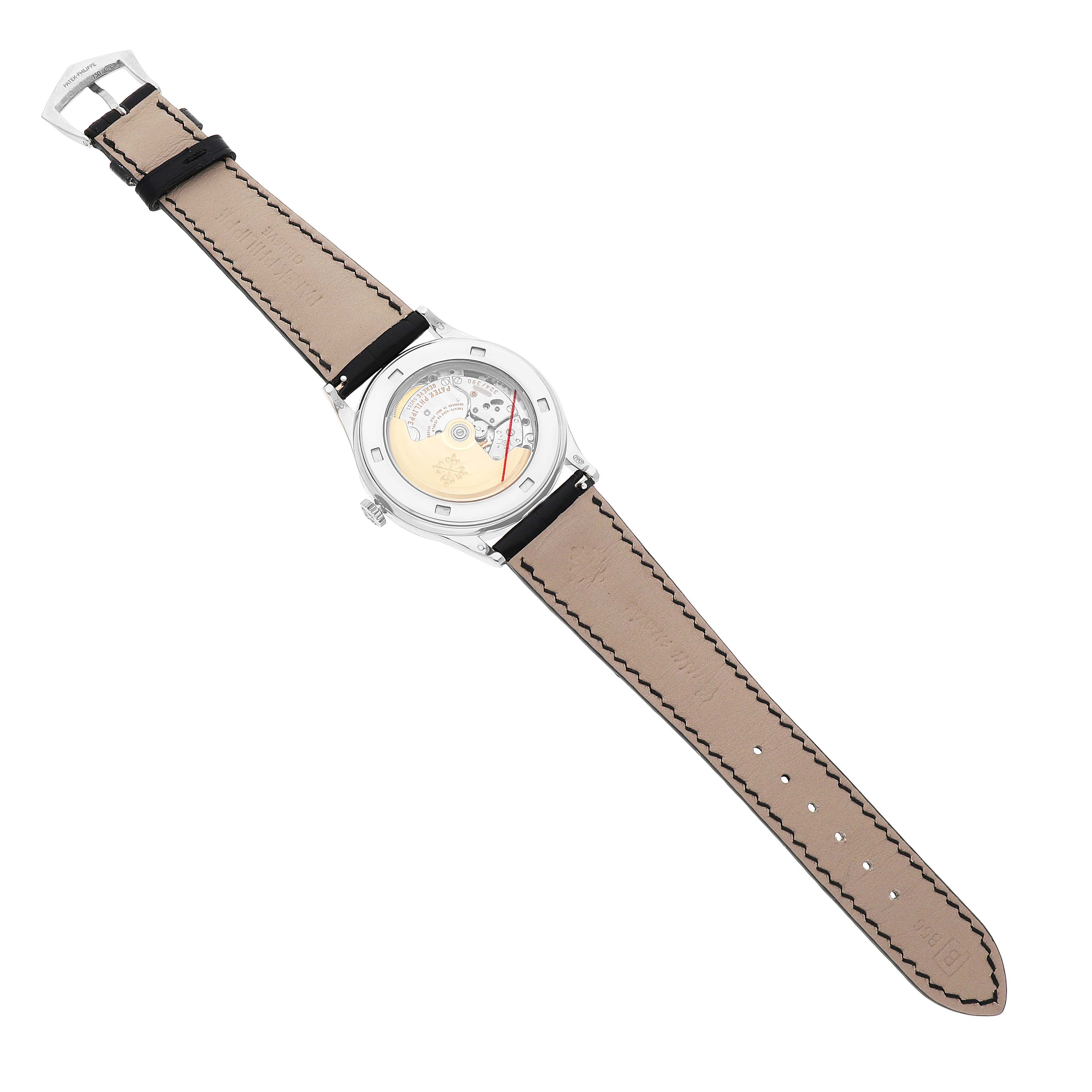 The image shows the back of the Patek Philippe Calatrava 5296G-010 Men's White Gold Silver Dial watch with its movement exposed and full leather strap visible.
