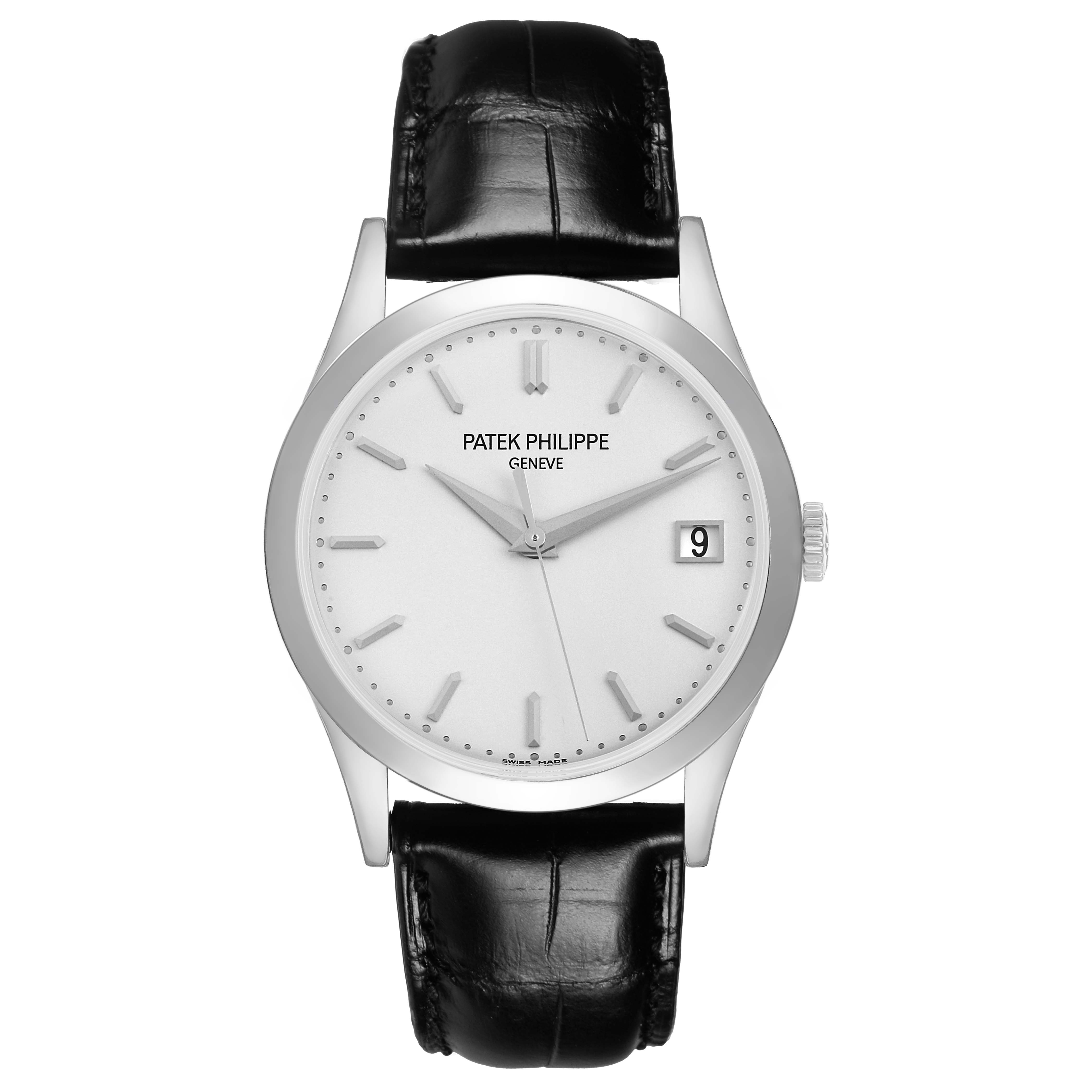 The Patek Philippe Calatrava 5296G-010 Men's White Gold Silver Dial watch is shown from a front angle, featuring its dial, hands, date window, and black leather strap.