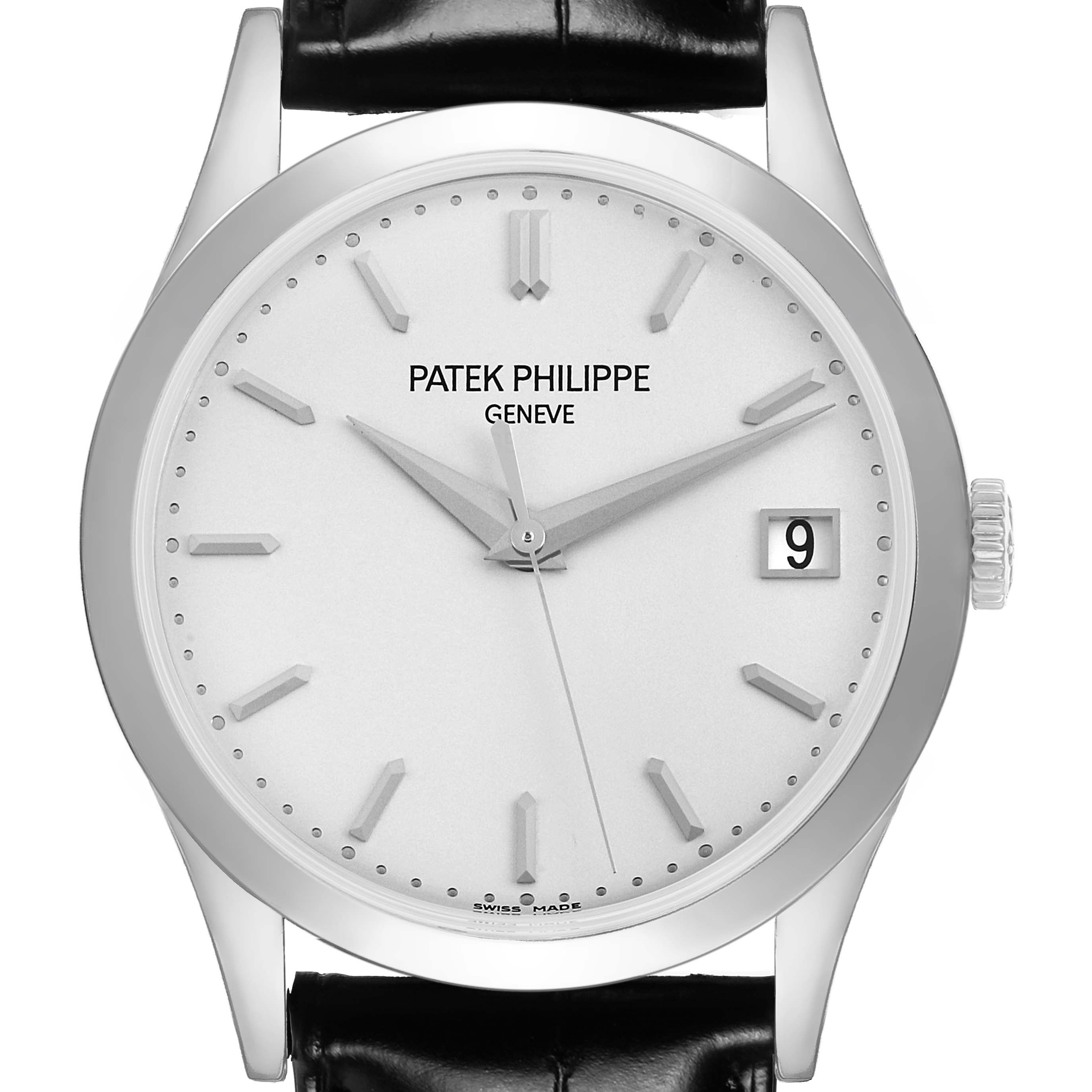 The image shows a frontal view of the Patek Philippe Calatrava 5296G-010 Men's White Gold Silver Dial watch, displaying the dial, hands, date window, and strap attachment.