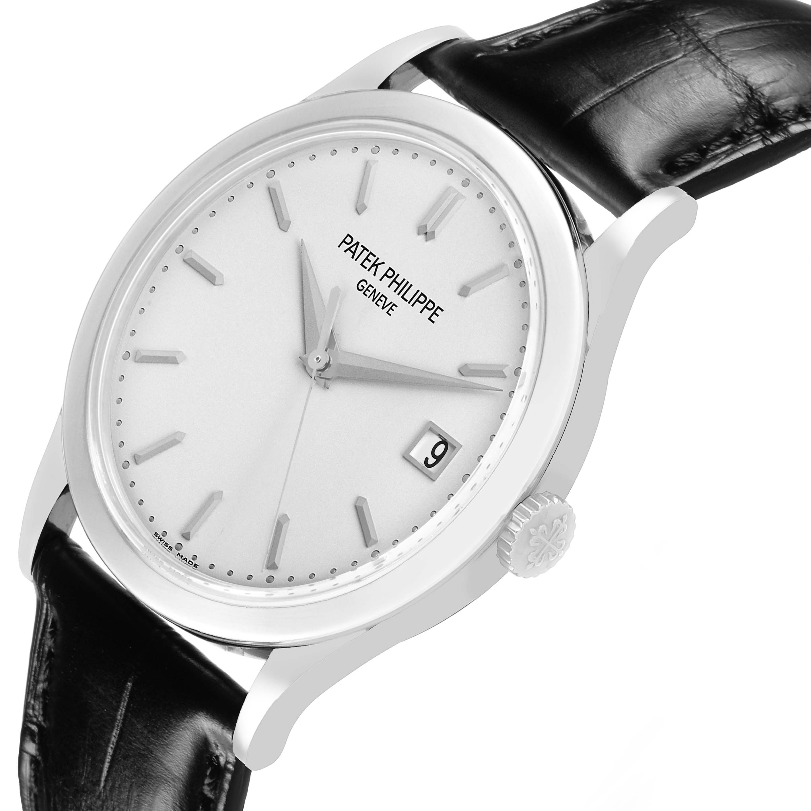 The Patek Philippe Calatrava 5296G-010 Men's White Gold Silver Dial watch is shown from a three-quarter angle displaying the face, crown, and part of the leather strap.
