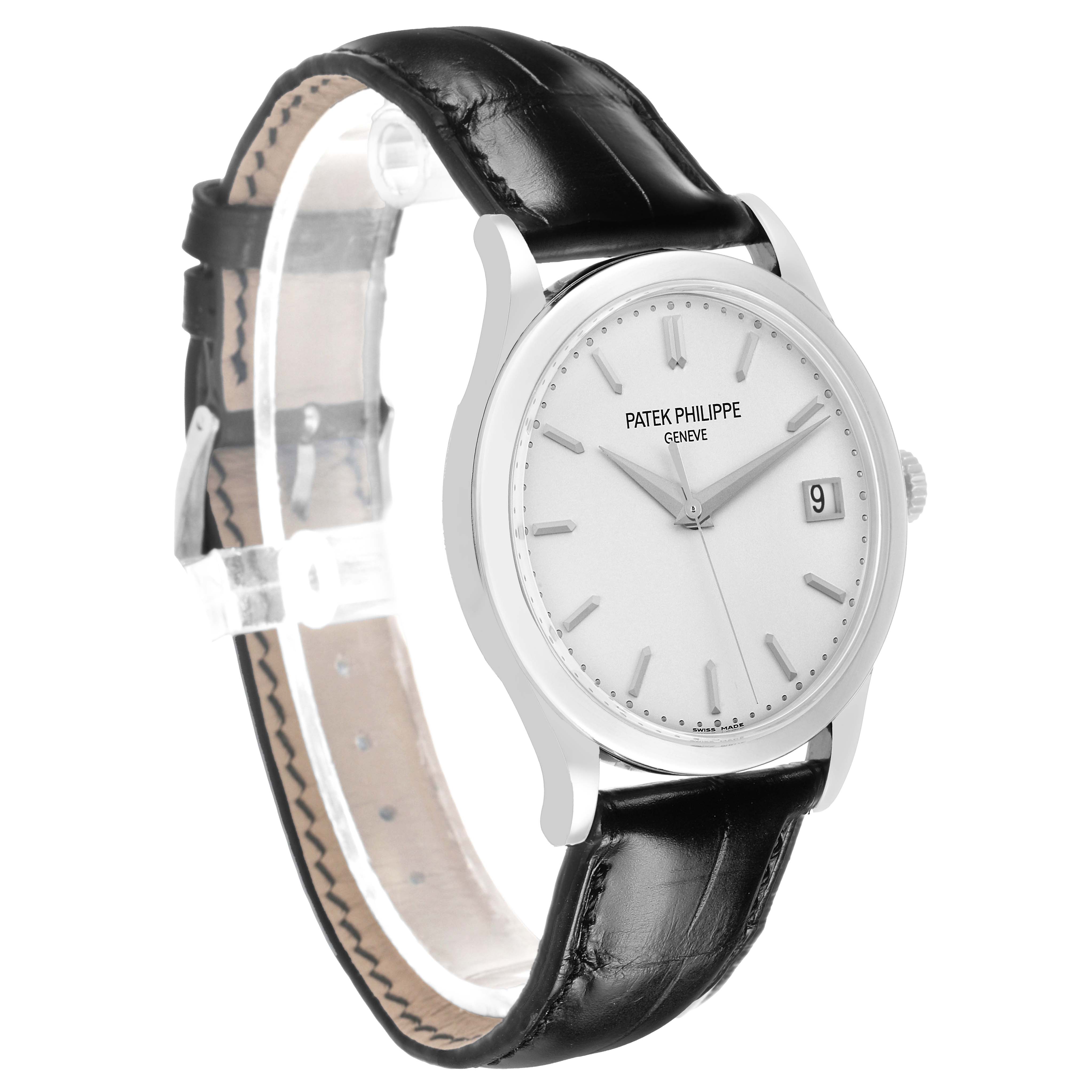 The Patek Philippe Calatrava 5296G-010 Men's White Gold Silver Dial watch is shown at a slight angle, displaying the face, case, and a portion of the black leather strap.