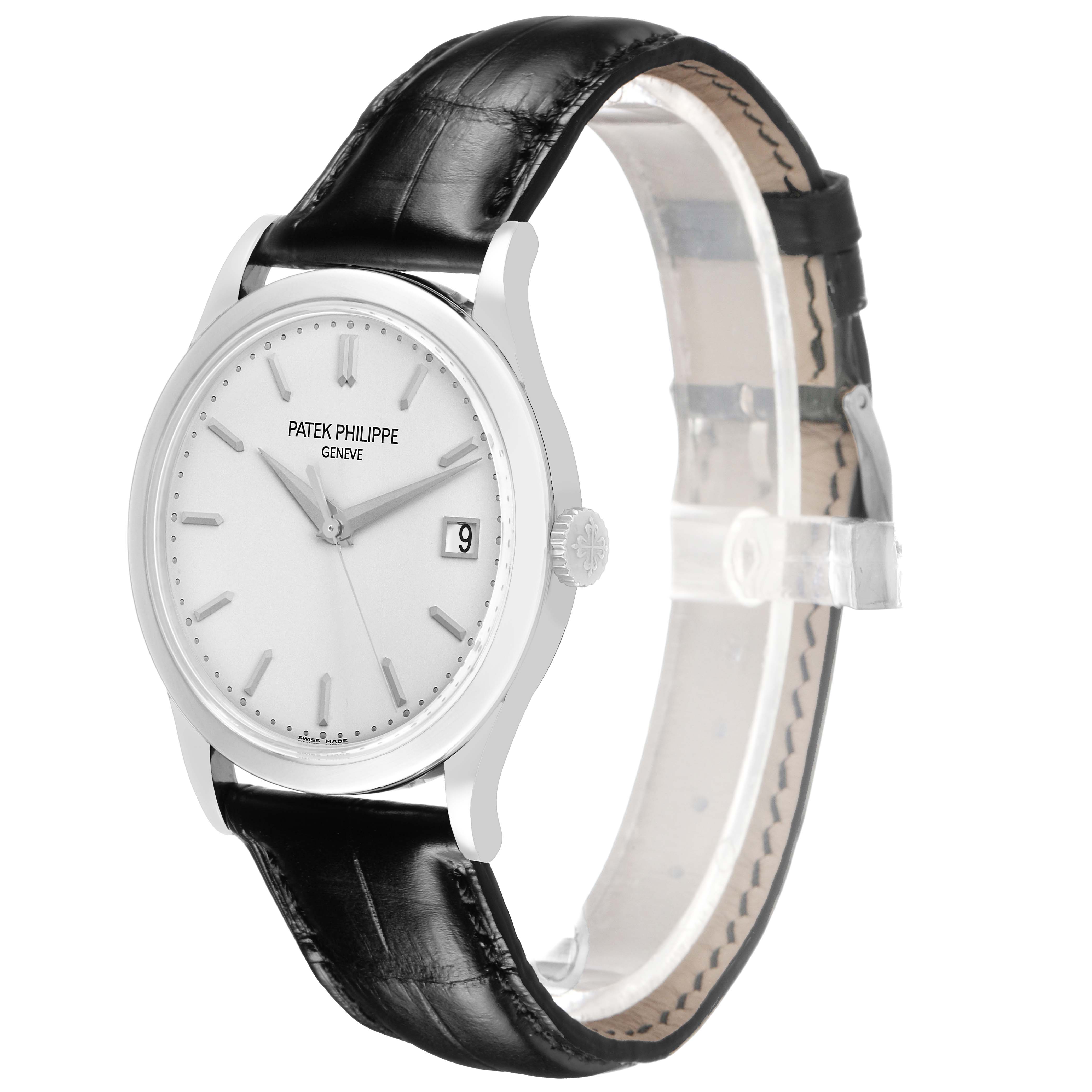 The Patek Philippe Calatrava 5296G-010 Men's White Gold Silver Dial watch is shown at a slight angle highlighting the dial, case, crown, and black leather strap.