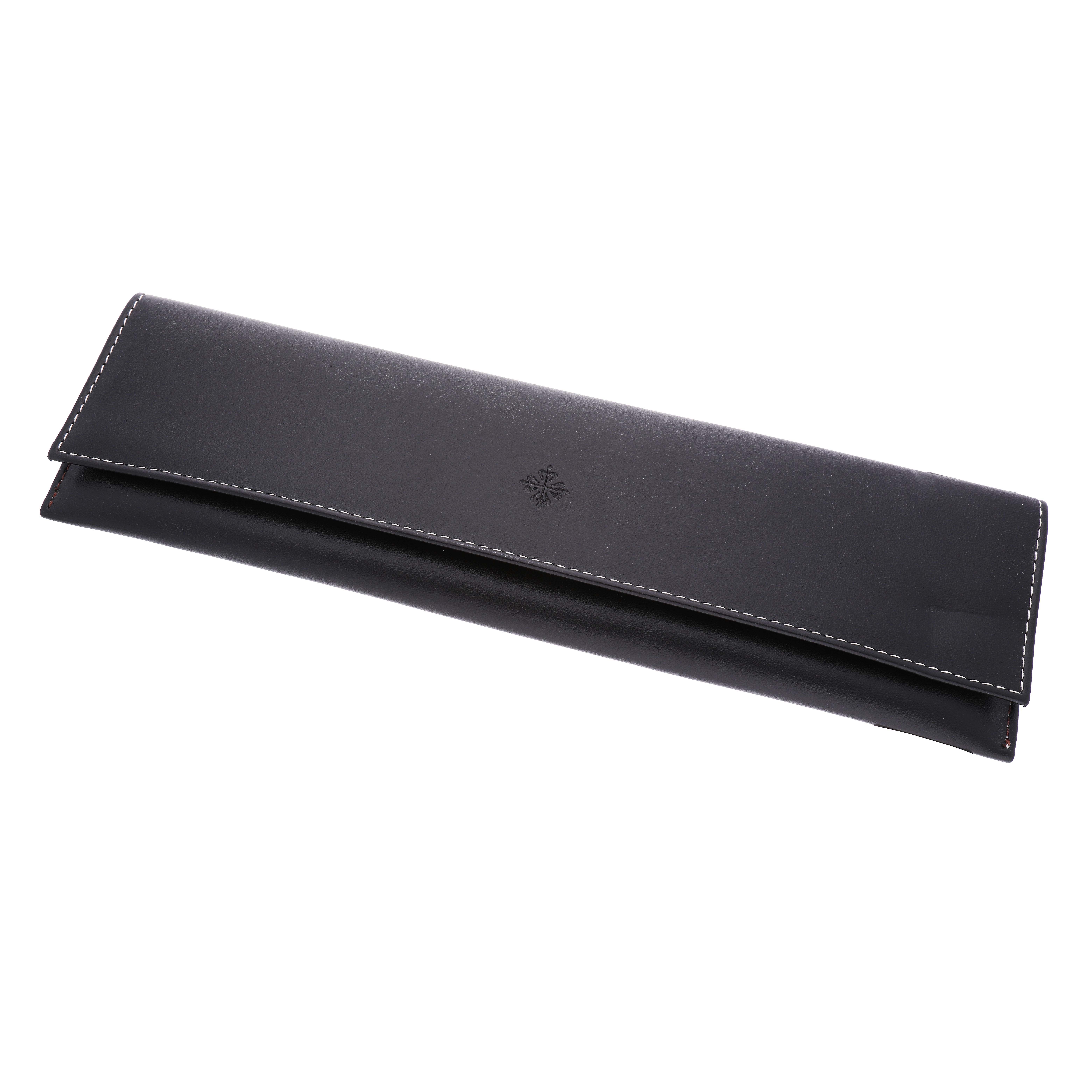 The image shows a black leather watch pouch with white stitching, likely for a Patek Philippe Calatrava 5296G-010 Men's White Gold Silver Dial model.