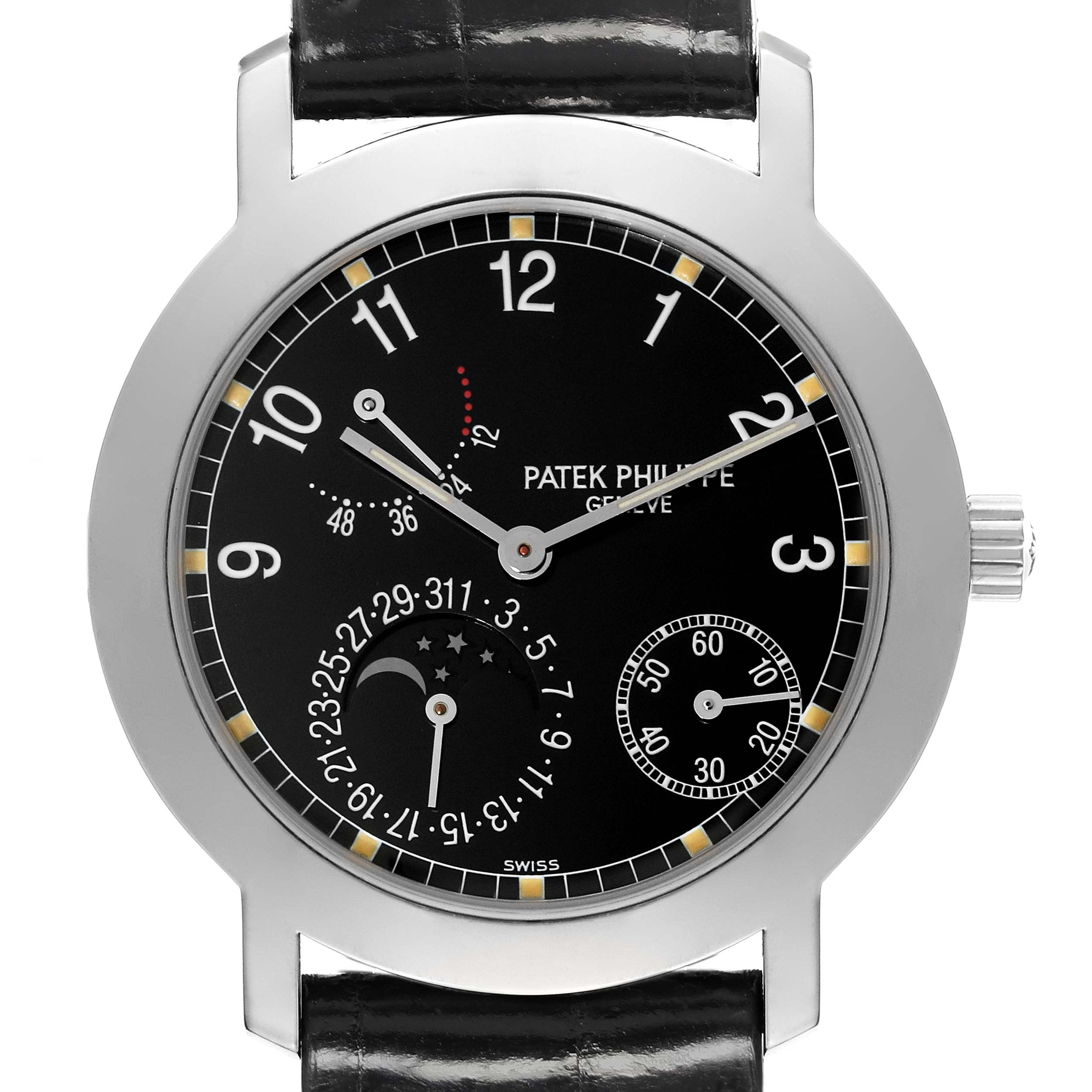 This is a front view of the Patek Philippe Complications 5055G-010 Men's White Gold Black Dial 5055G-010 Men's White Gold Black Dial model, showing the dial with multiple subdials and a date indicator.