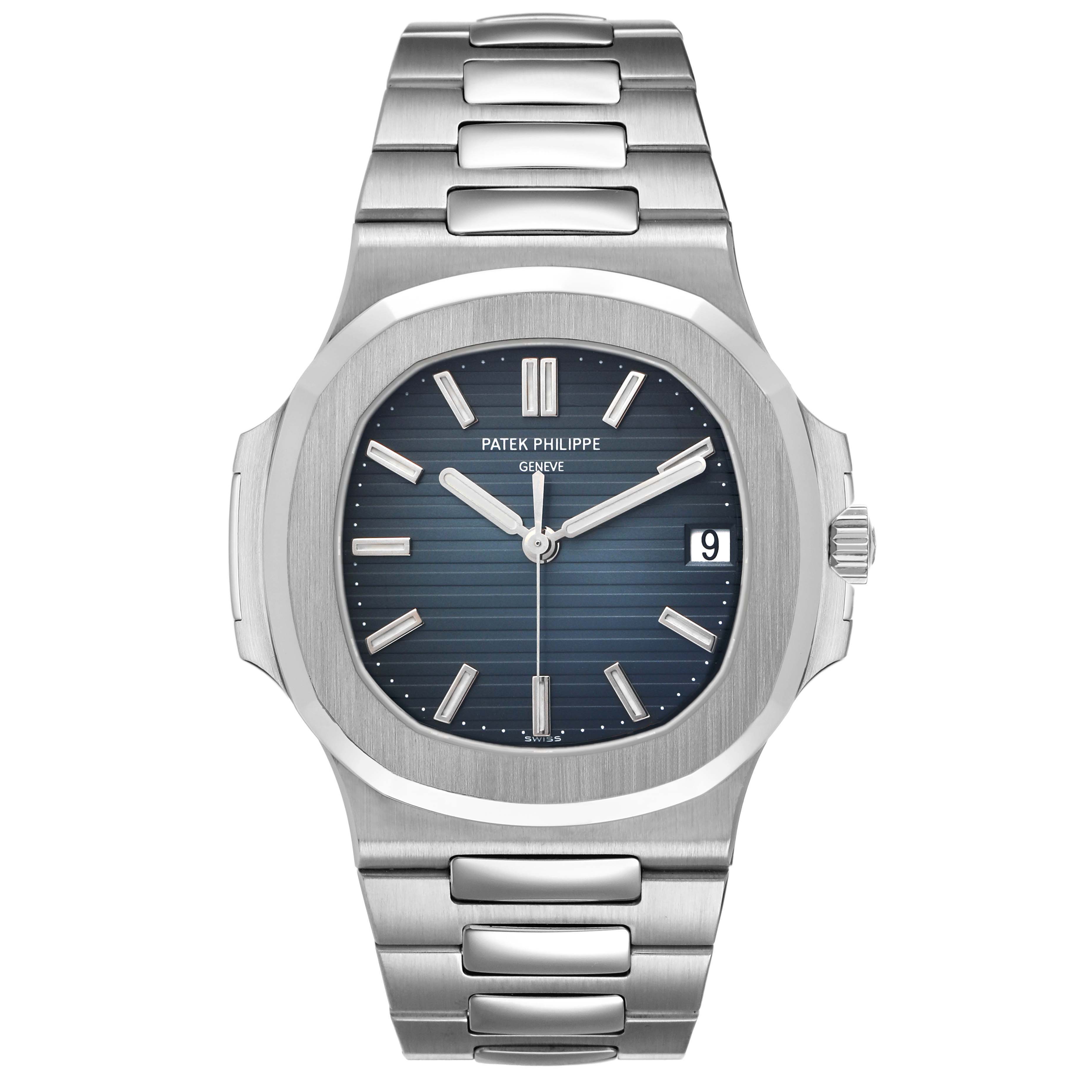 The Patek Philippe Nautilus 5711/1A-001 Men's Stainless Steel Blue Dial watch is shown from a front view, highlighting the blue dial, bracelet, and date display.