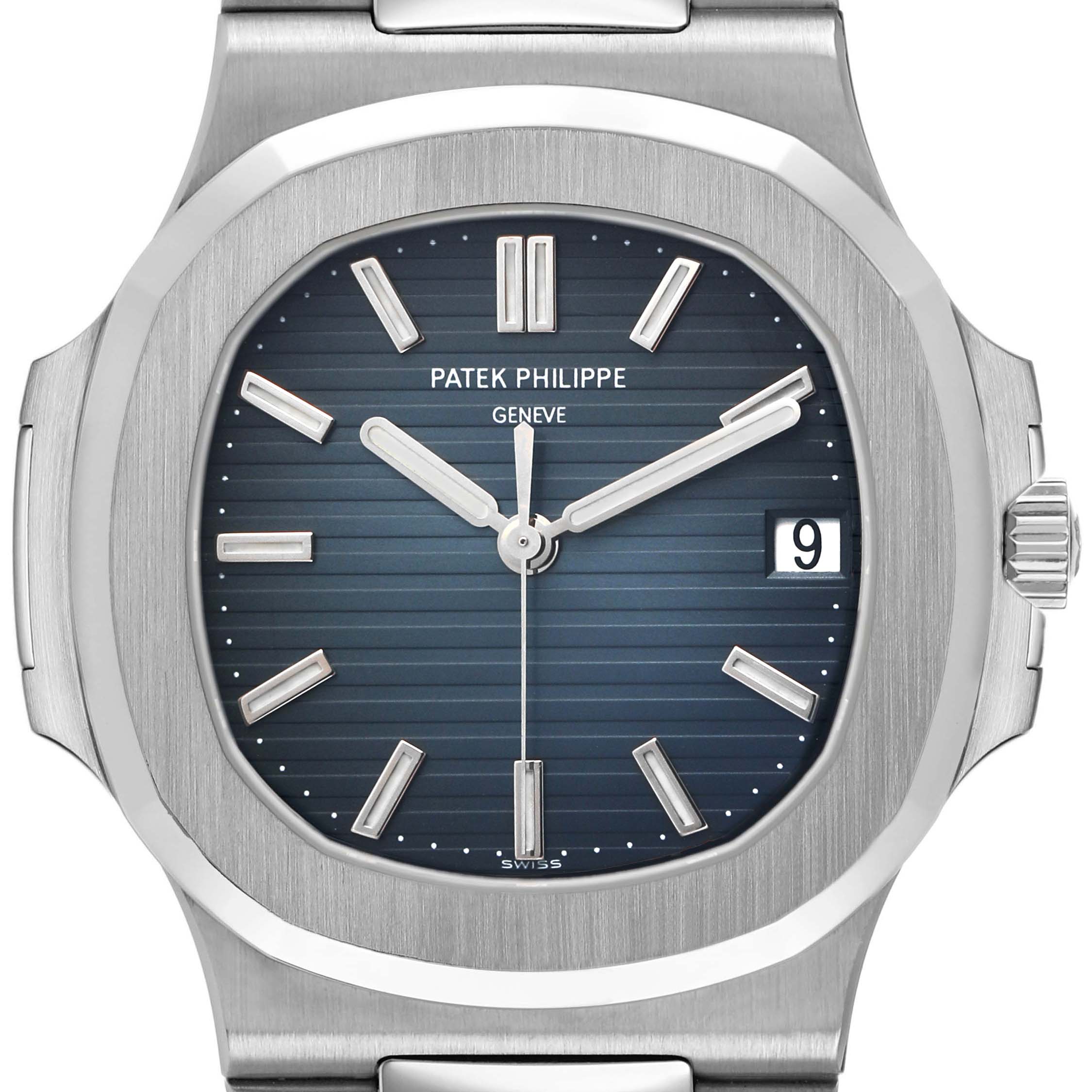 This Patek Philippe Nautilus 5711/1A-001 Men's Stainless Steel Blue Dial watch is shown in a frontal view, displaying its blue dial, hands, hour markers, and date window.
