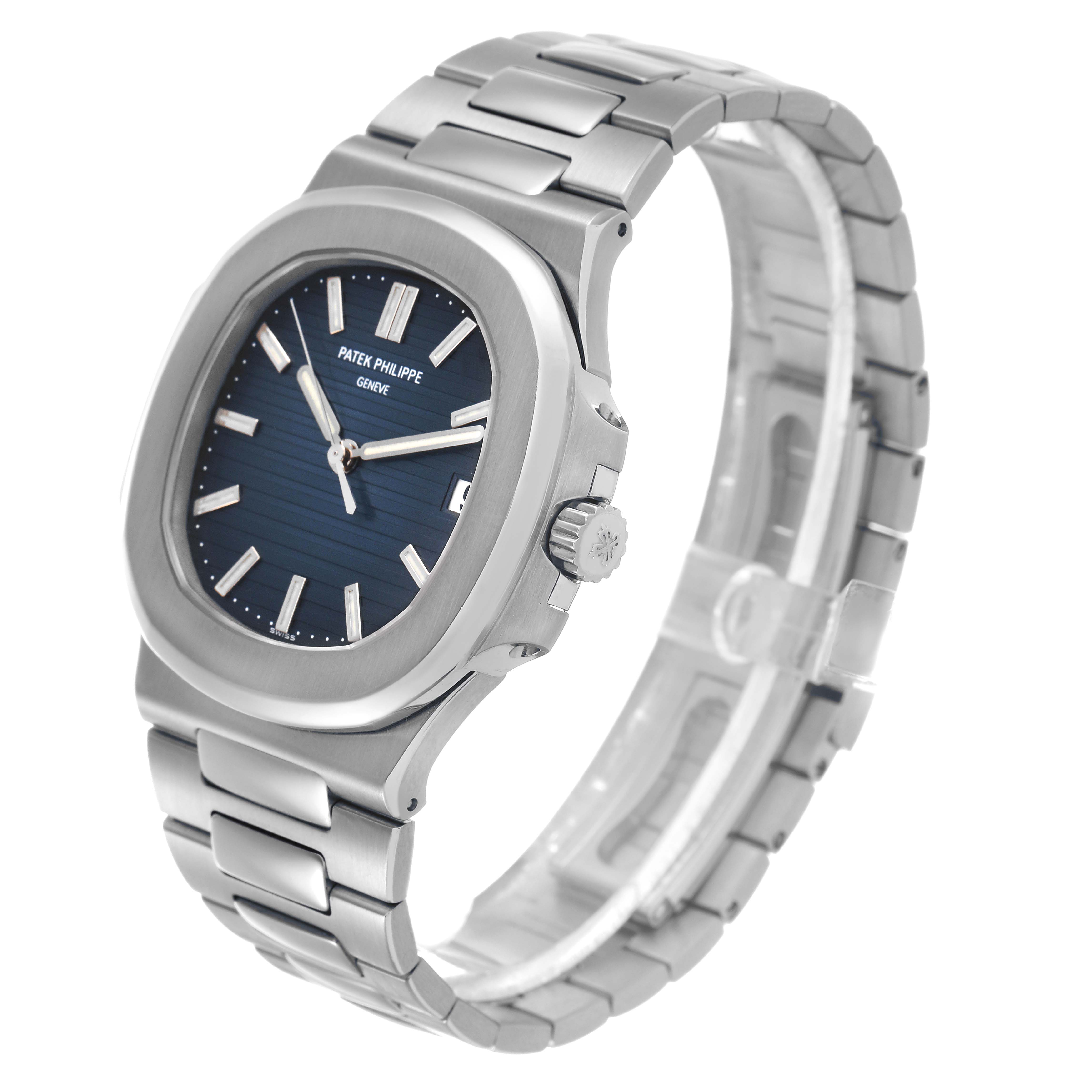 The Patek Philippe Nautilus 5711/1A-001 Men's Stainless Steel Blue Dial watch is shown at a three-quarter angle, displaying the face, bezel, crown, and bracelet.