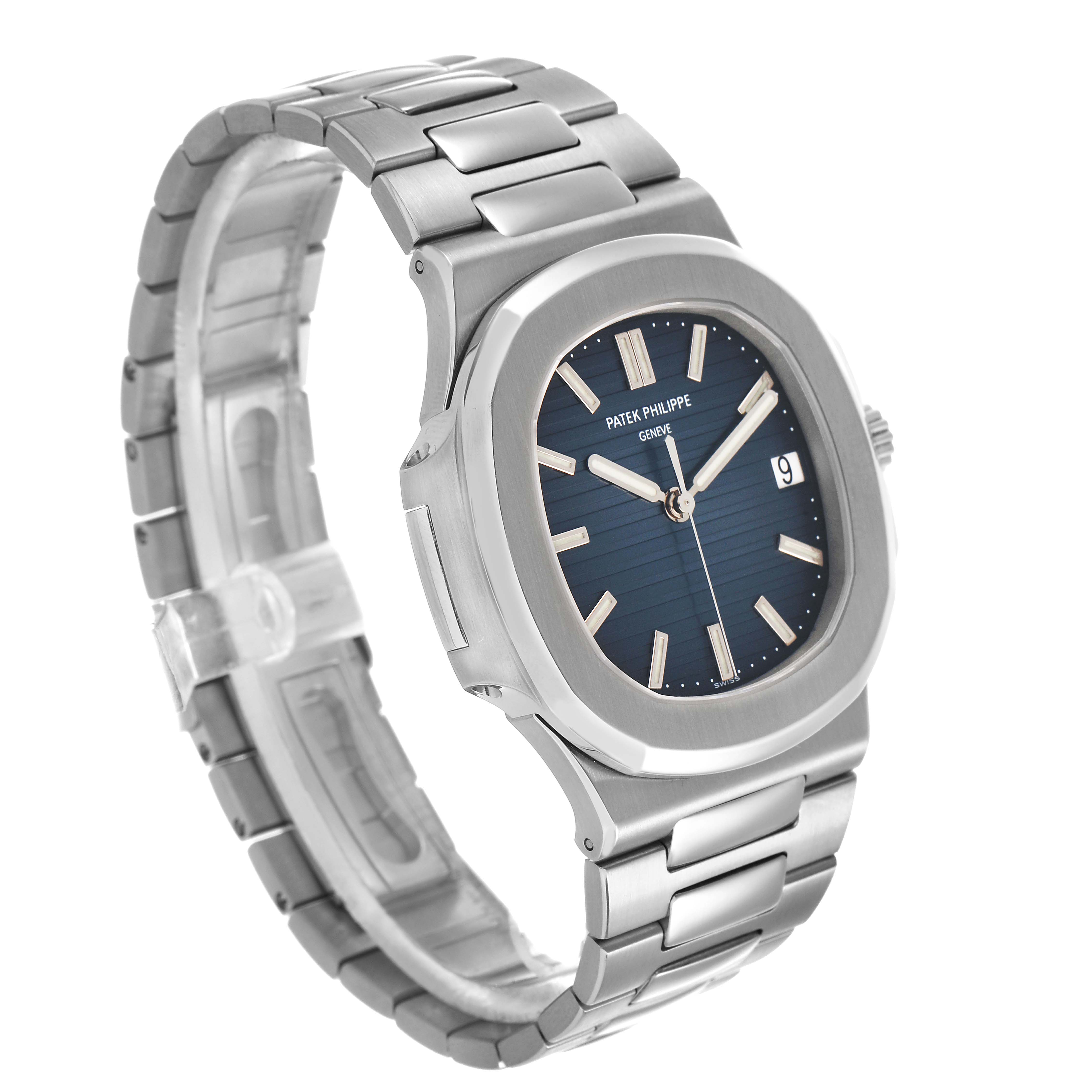 The Patek Philippe Nautilus 5711/1A-001 Men's Stainless Steel Blue Dial watch is shown at a slight angle, highlighting the blue dial, stainless steel case, and bracelet.