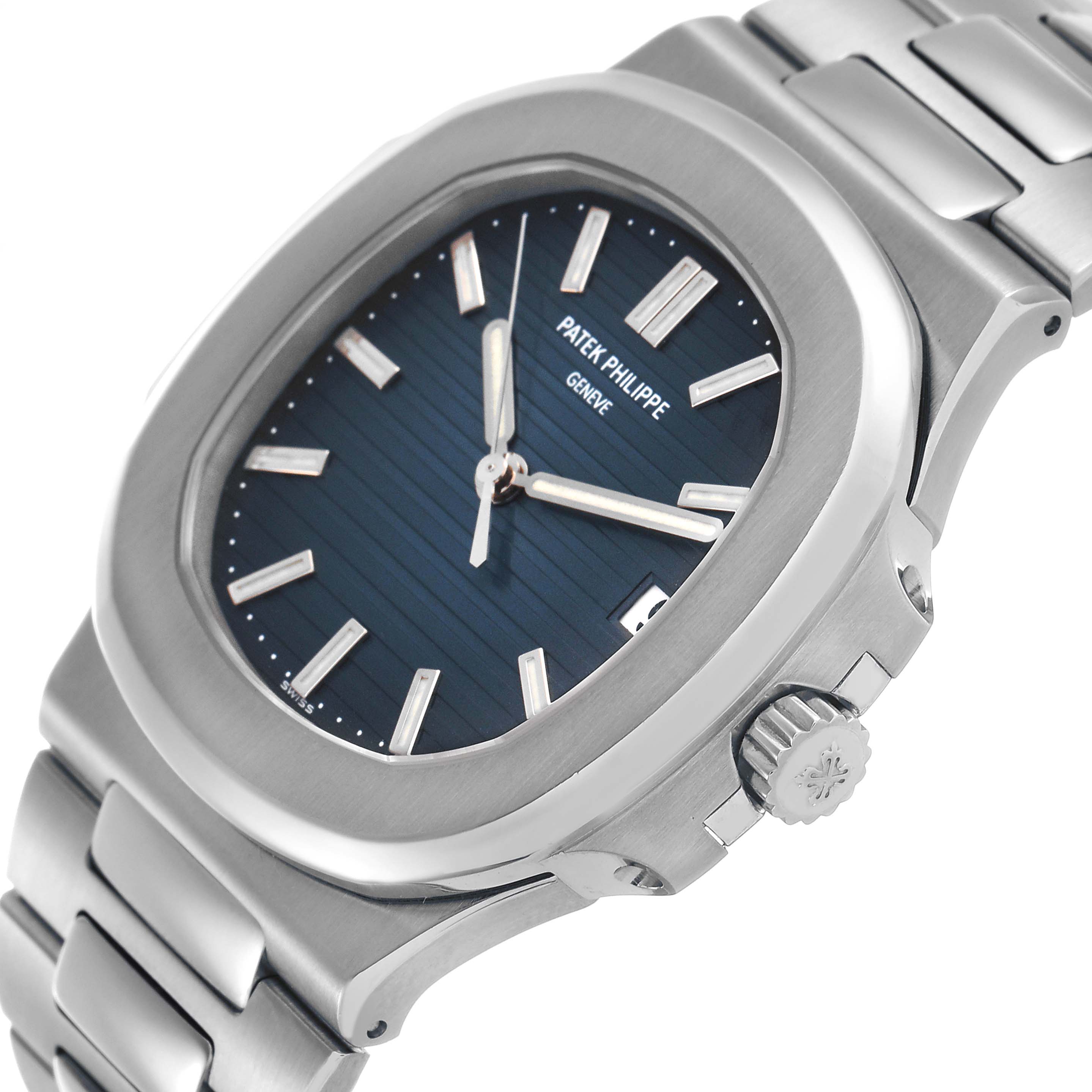 The image shows a Patek Philippe Nautilus 5711/1A-001 Men's Stainless Steel Blue Dial watch at an angle highlighting the dial, bezel, crown, and part of the bracelet.