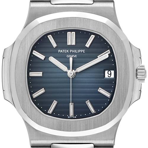 The image shows a front view of a Patek Philippe Nautilus 5711/1A-001 Men's Stainless Steel Blue Dial watch, highlighting the dial, hands, and bezel.